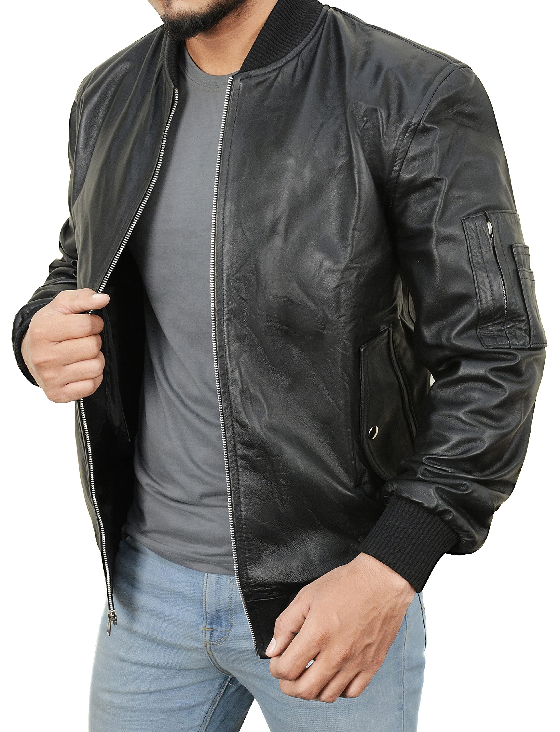 Men's Casual MA-1 Flight Bomber Jacket - Black Leather Biker Varsity Outerwear for Motorcycle Riding & Streetwear Fashion
