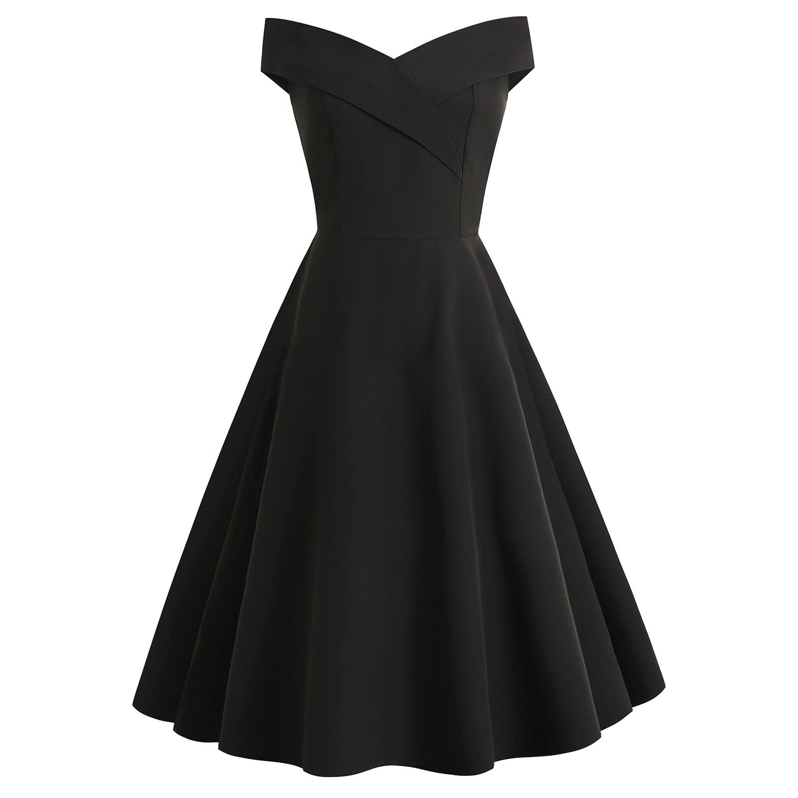 Vintage 1950s Swing Dresses for Women - Solid Black V-Neck Off Shoulder Rockabilly Midi Dress | Audrey Hepburn Style Cocktail & Tea Party Dress | Perfect for Garden Parties, Retro Events & Evening Outings
