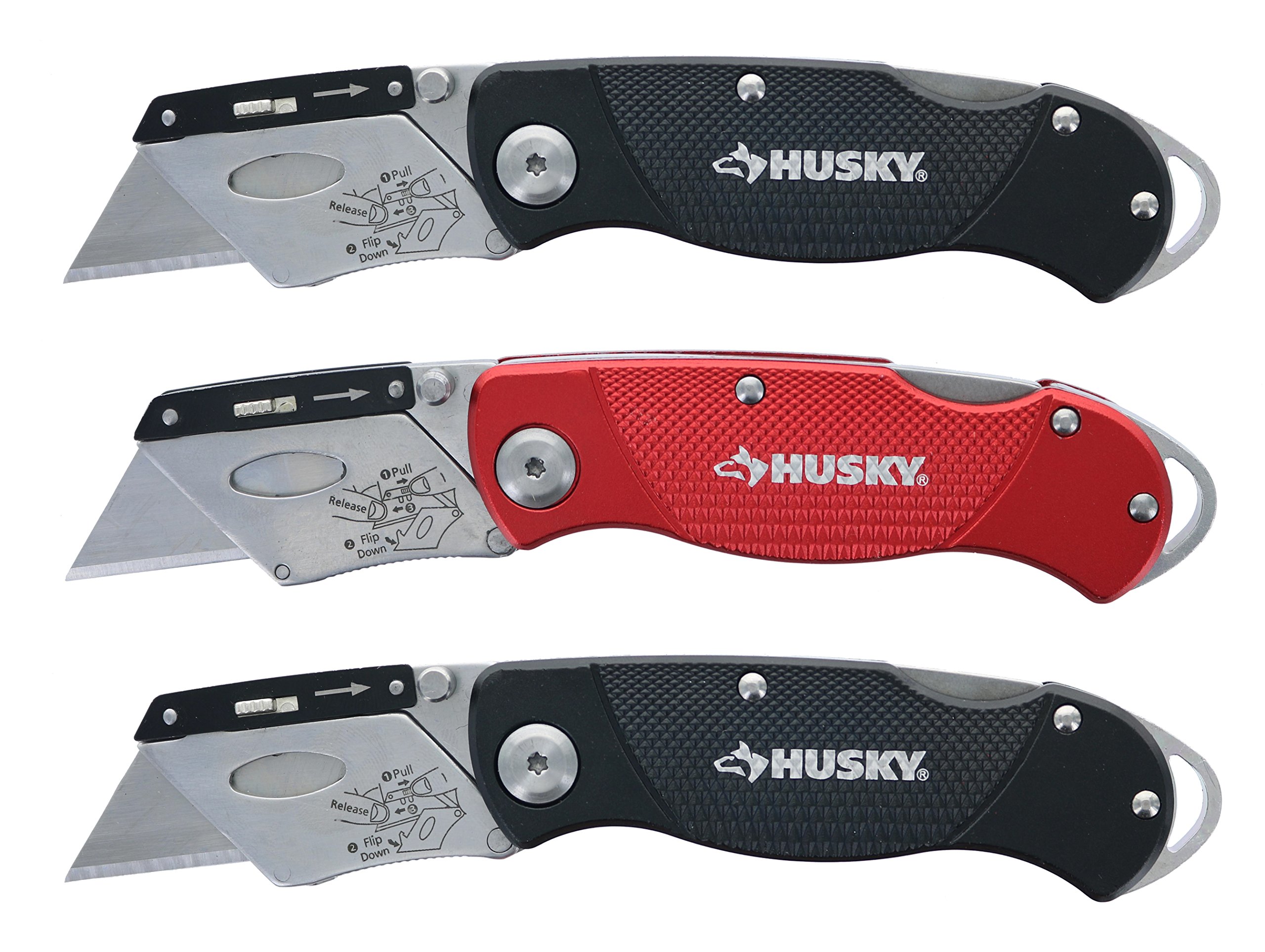 Husky Folding Utility Knife 3-Pack - Heavy Duty Lock Back Pocket Knives with Sure-Grip Handle & Blades Included - Perfect for Construction, DIY Projects, and Outdoor Activities (Colors May Vary)