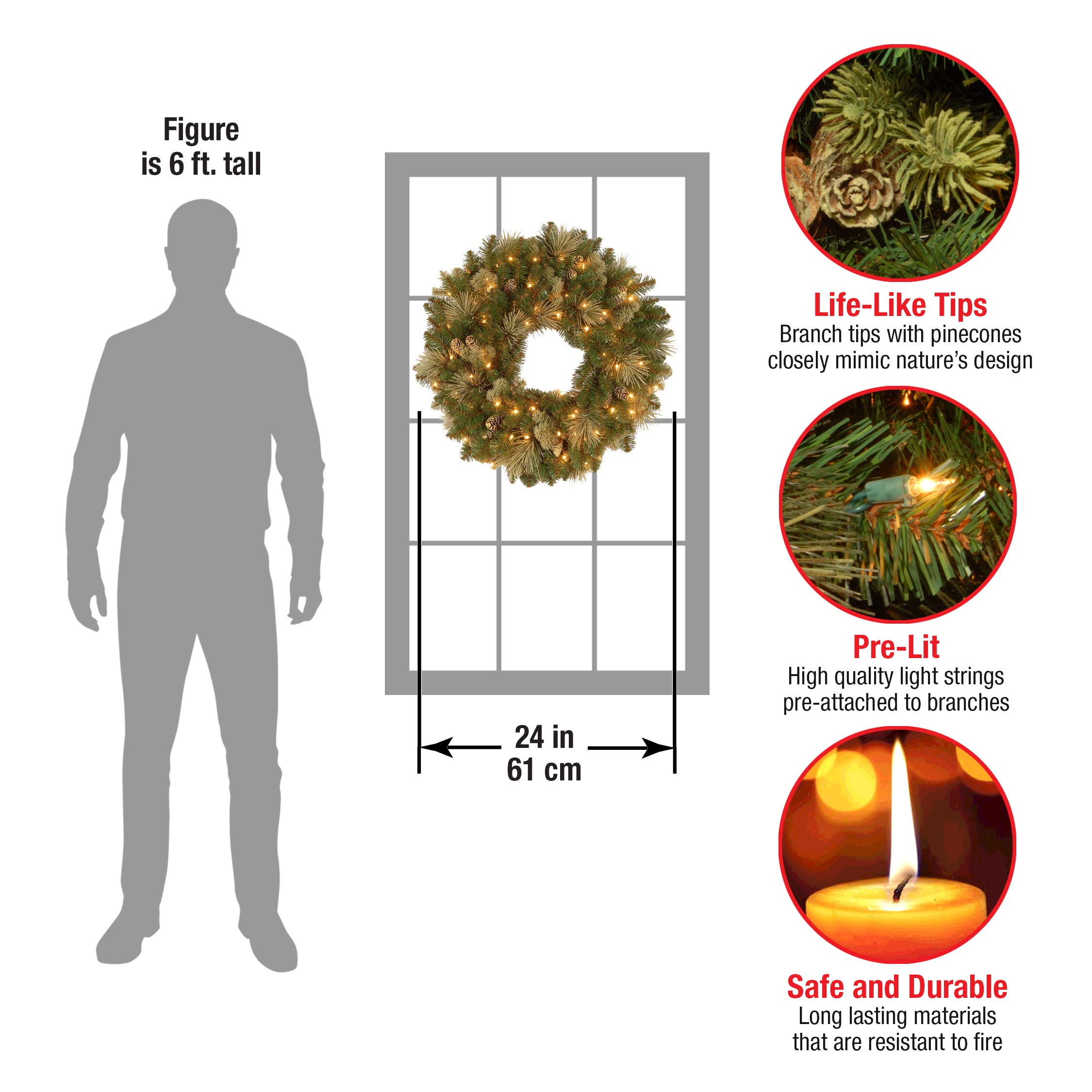 National Tree Company 24-Inch Pre-Lit Artificial Christmas Wreath - Carolina Pine with White Lights & Pine Cones Decorations | Indoor/Outdoor Holiday Decor for Door, Mantel & Wall