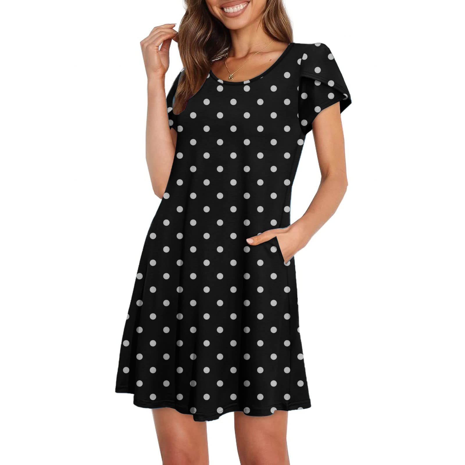 Usupdd Women's Floral Print Short Sleeve T-Shirt Dress with Pockets - Round Neck Swing Dress for Summer | Casual Wear, Beach Outfits & Vacation Dresses