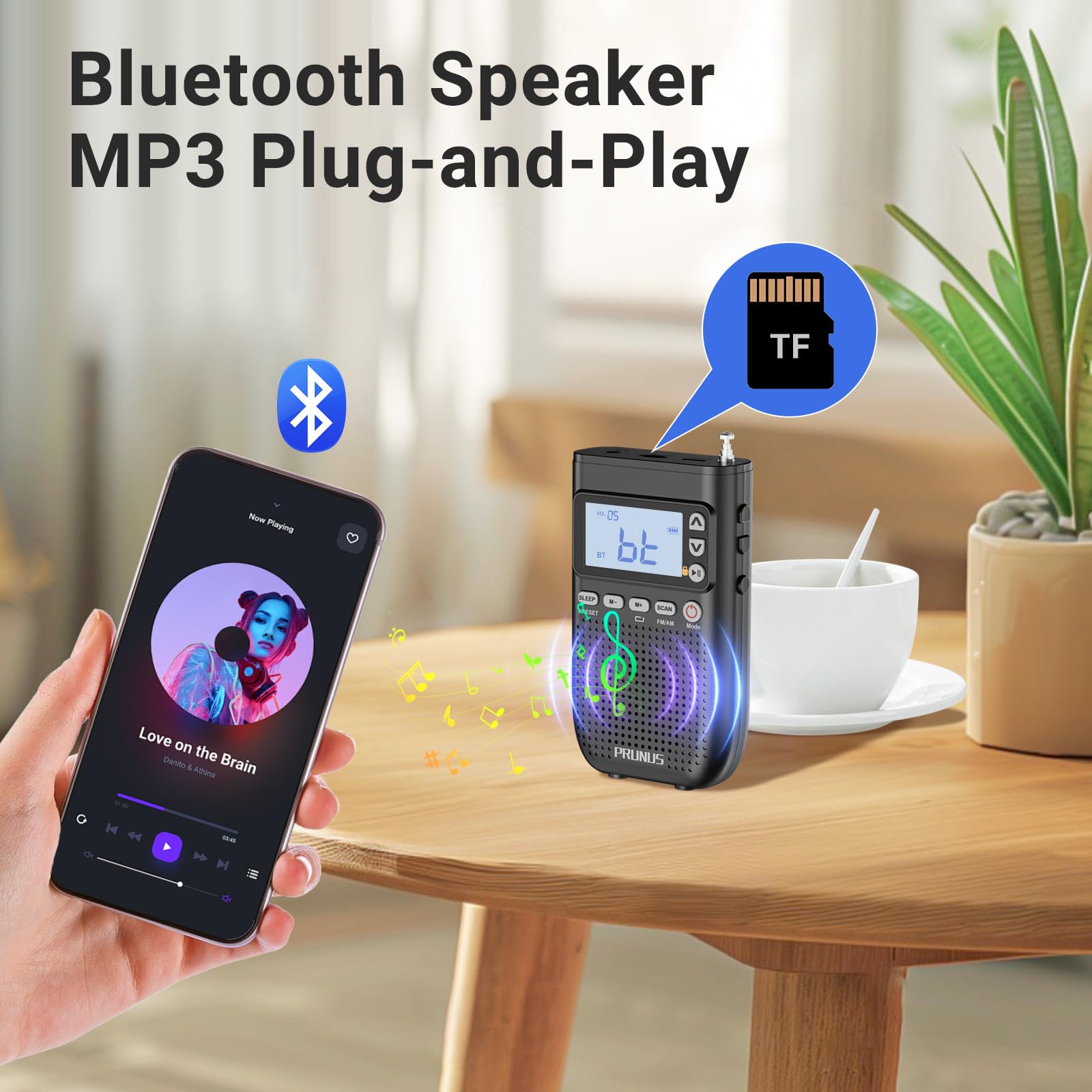 PRUNUS Portable AM FM Bluetooth Radio with Built-in Speaker, 2000mAh Rechargeable Battery, TF Card Playback, Headphone Jack & Sleep Timer - Perfect for Home, Office, Travel and Outdoor Activities
