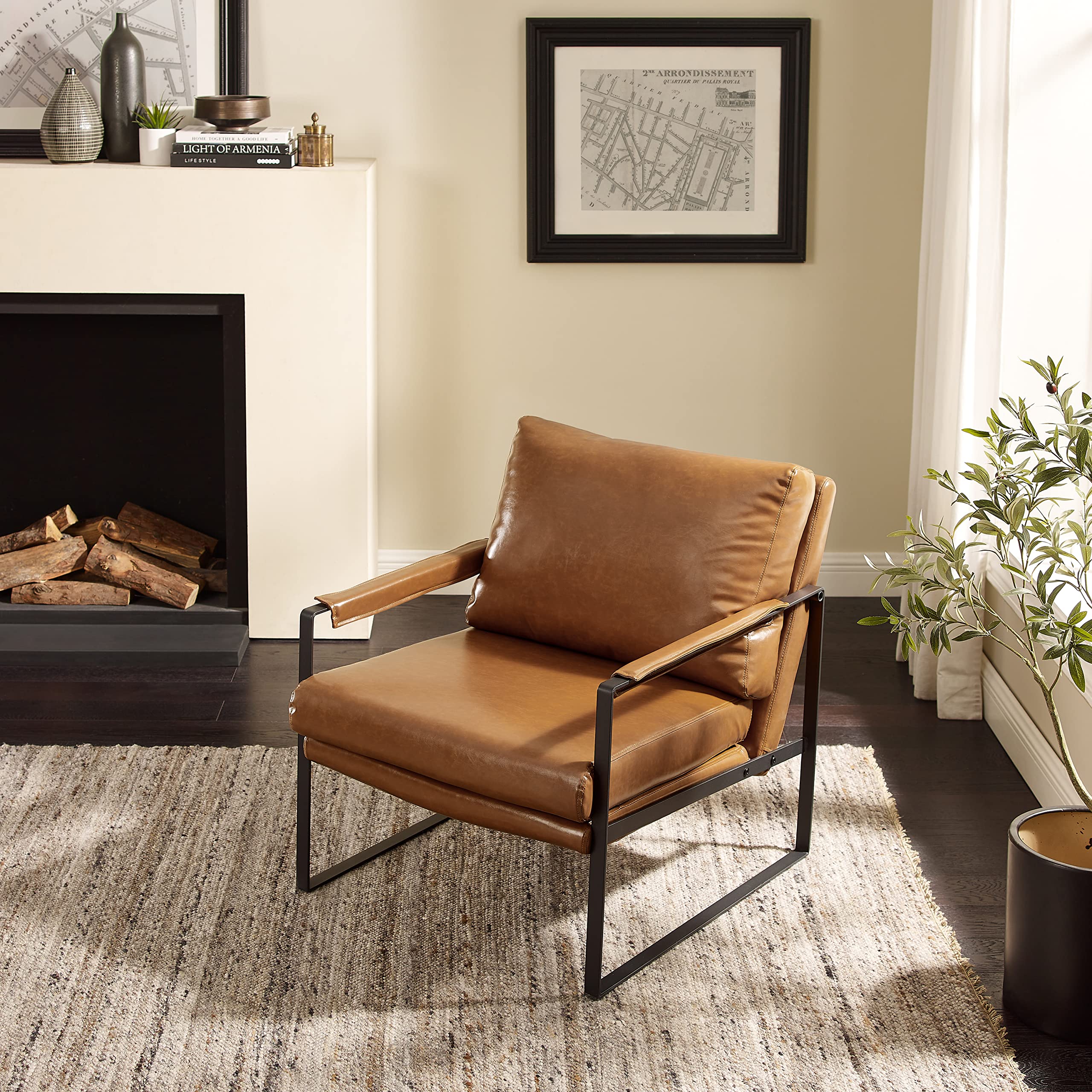 Art Leon Mid Century Modern Accent Chair - Faux Leather Lounge Armchair with Black Metal Legs, Compact Single Seater for Living Room, Bedroom & Small Spaces (Brown) - Perfect for Reading Nooks, Home Offices & Cozy Corners