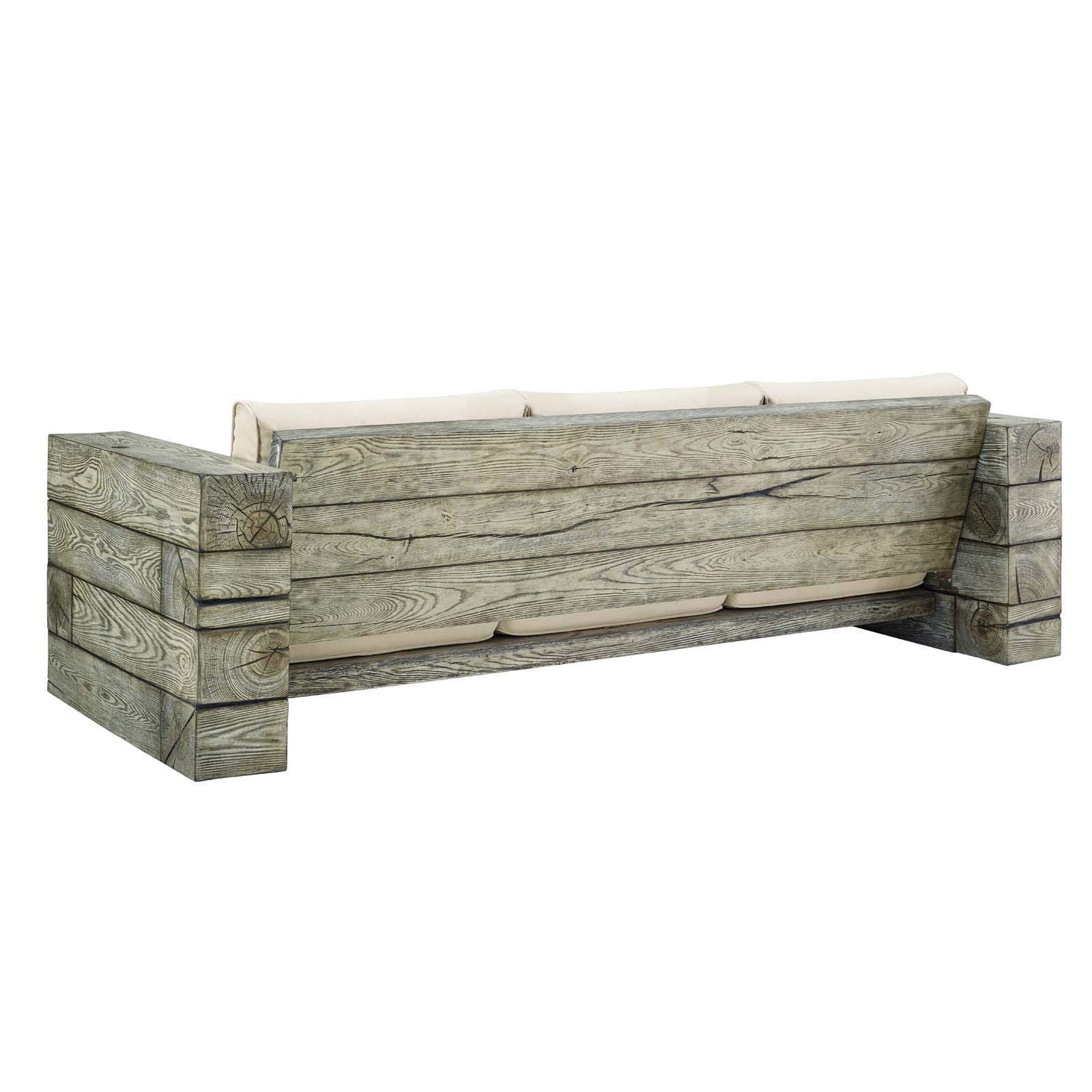 Modway Manteo Rustic Coastal Outdoor Sofa Set with Fire Pit - Light Gray Beige Patio Furniture for Backyard, Poolside & Beachfront Relaxation