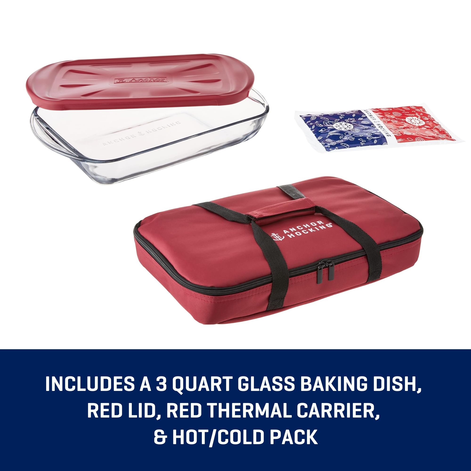 Anchor Hocking 3 Quart Glass Baking Dish Set with Red Lid & Thermal Carrier - 4 Piece Oven Safe Casserole Dish Set for Baking, Cooking & Meal Prep - Perfect for Casseroles, Lasagna, Pot Pies & Holiday Dishes