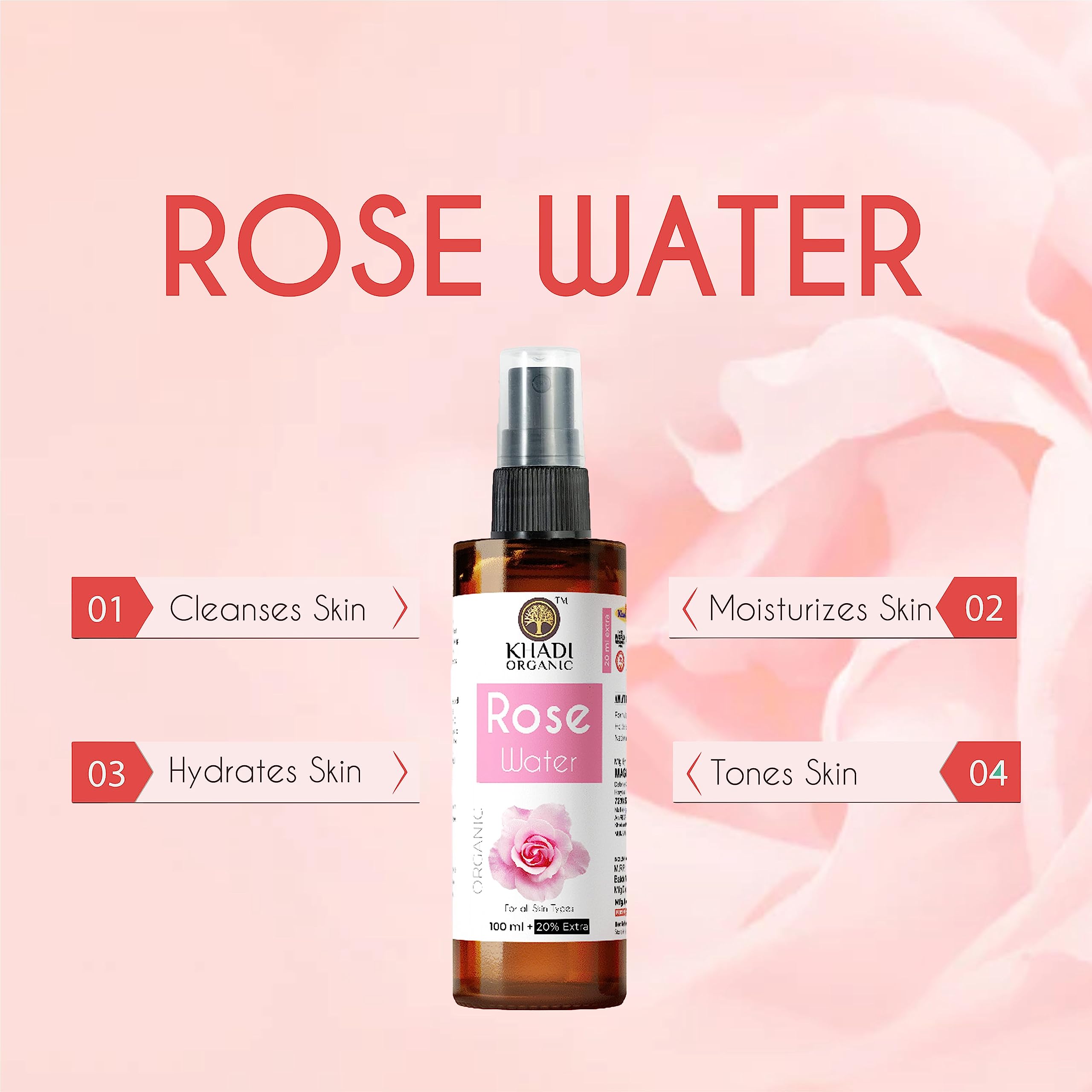 Khadi Organic Rose Water Spray for Face & Skin - Pure Ayurvedic Gulab Jal Toner | Steam Distilled in Kannauj | 100% Natural Rosewater (Pack of 2, 120ml) - Perfect for Hydration, Makeup Setting & After-Sun Care