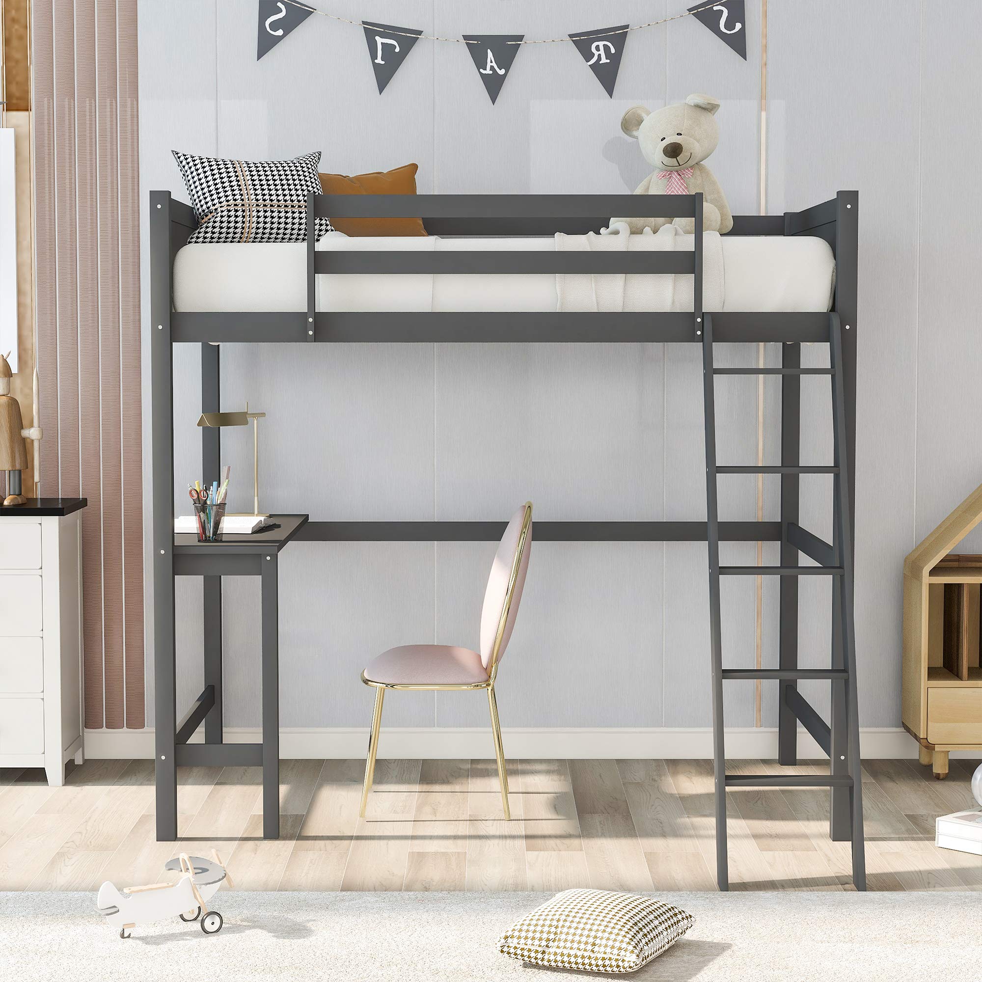 **Kids Twin Loft Bed with Study Desk & Safety Rail - Wooden Bunk Bed with Adjustable Angled Ladder (Left/Right Placement) - Space-Saving Gray Bed for Small Rooms, Dorms & Apartments**