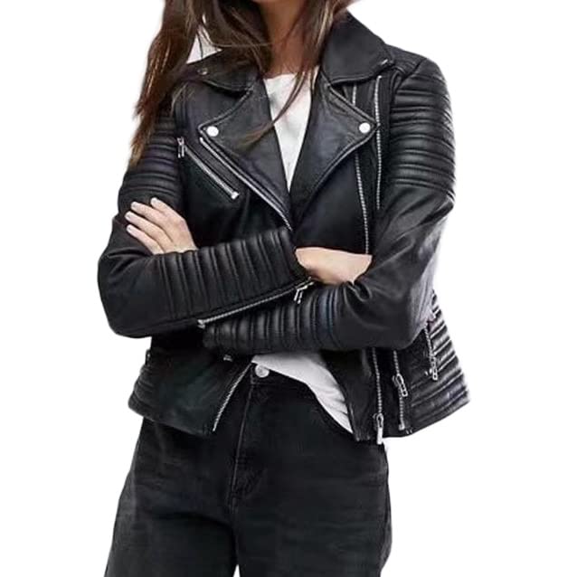 Andongnywell Women's PU Leather Motorcycle Jacket with Embroidery - Black Lapel Biker Jacket for Riding, Fashion Outwear & Casual Street Style