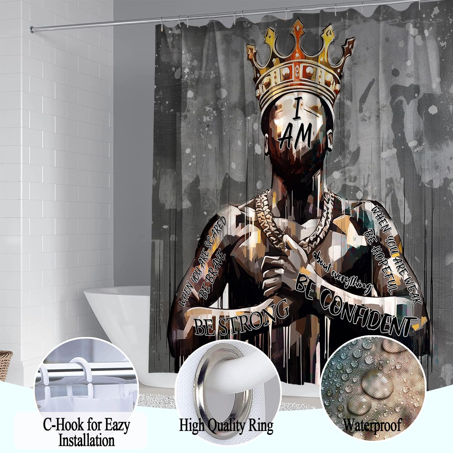 Black King Shower Curtain Set with Hooks - African American Praying Man Bathroom Decor with Matching Rug & Toilet Cover - Waterproof Bath Mat for Stylish Home & Apartment Bathroom