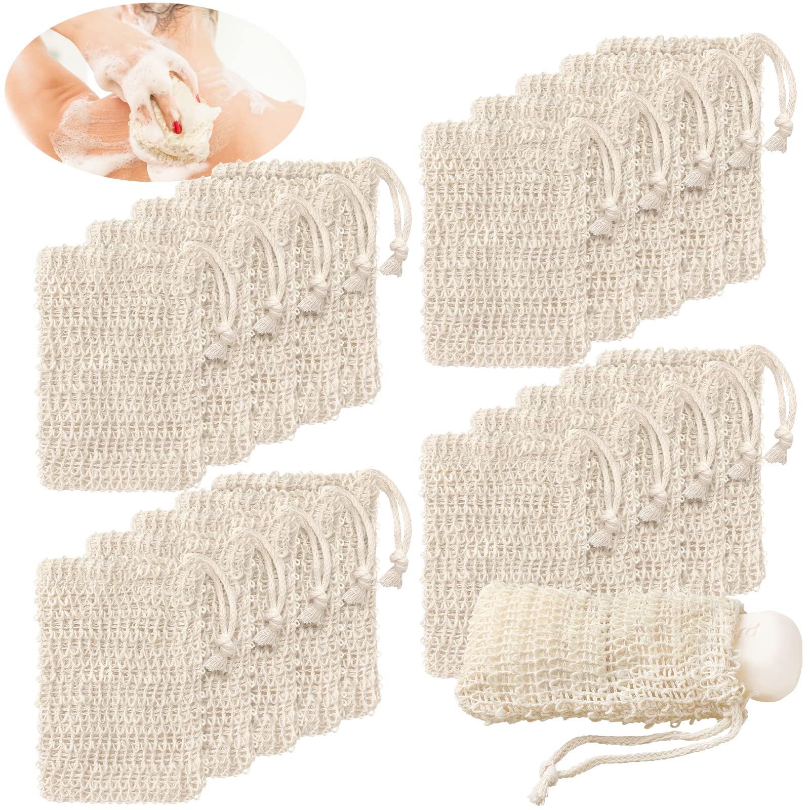 Varku 100 PCS Natural Sisal Soap Saver Bags - Eco-Friendly Cotton-Linen Exfoliating Soap Pouches for Shower, Bath & Travel - Zero Waste Plastic-Free Soap Holder with Drawstring - Perfect for Gentle Exfoliation & Foaming Lather
