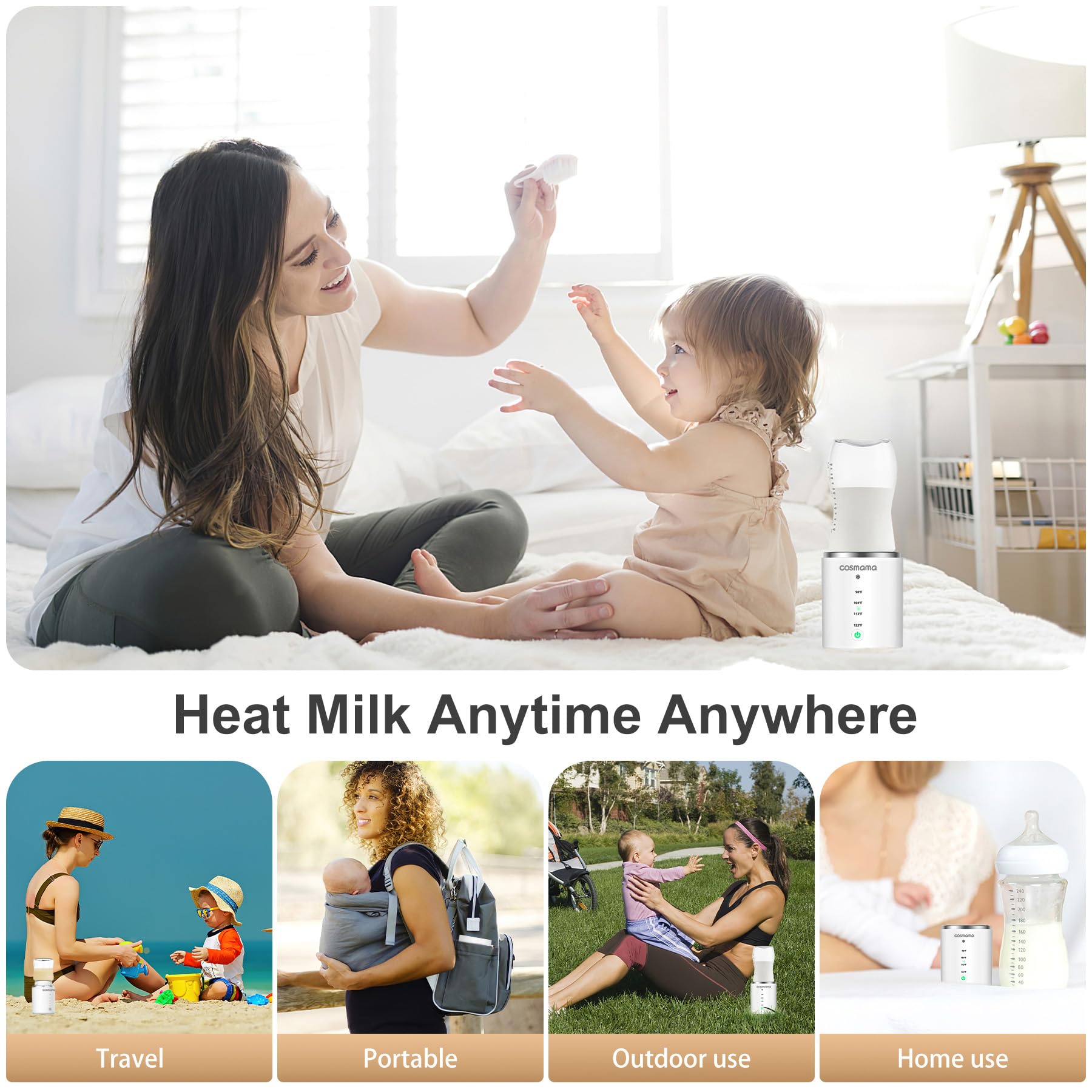 Portable Baby Bottle Warmer for Travel - Rechargeable Breast Milk & Formula Warmer with 4 Adapters & Precise Temperature Control | Perfect for On-the-Go Parents, Daycare, Road Trips & Airplane Travel