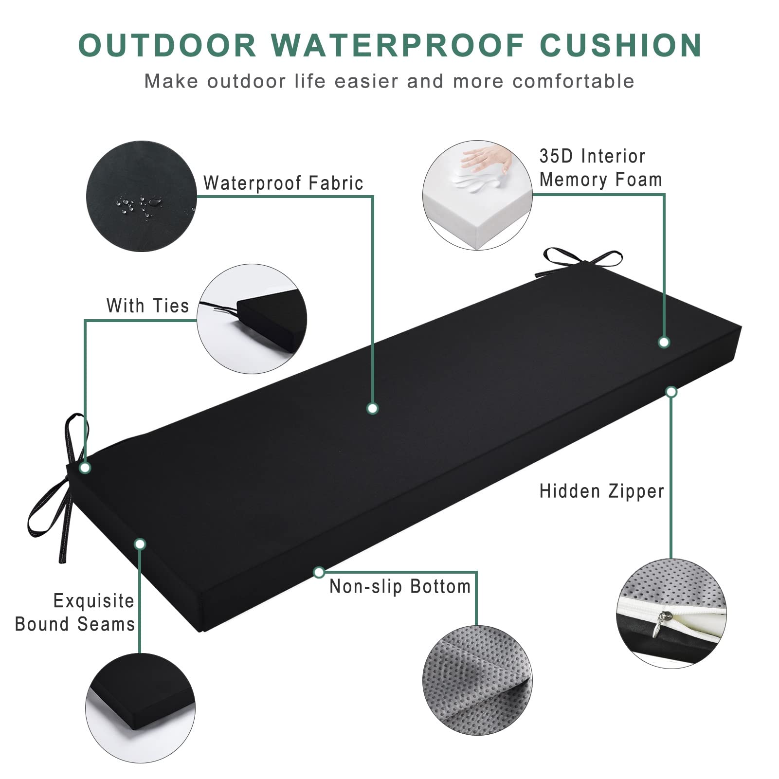 Premium Waterproof Outdoor Bench Cushion - Non-Slip Patio Furniture Cushion for Swing, Window Seat & Indoor Use - 17.7 x 17.7 x 4 Inches - Black - Perfect for Garden, Deck, Porch & Sunroom Comfort