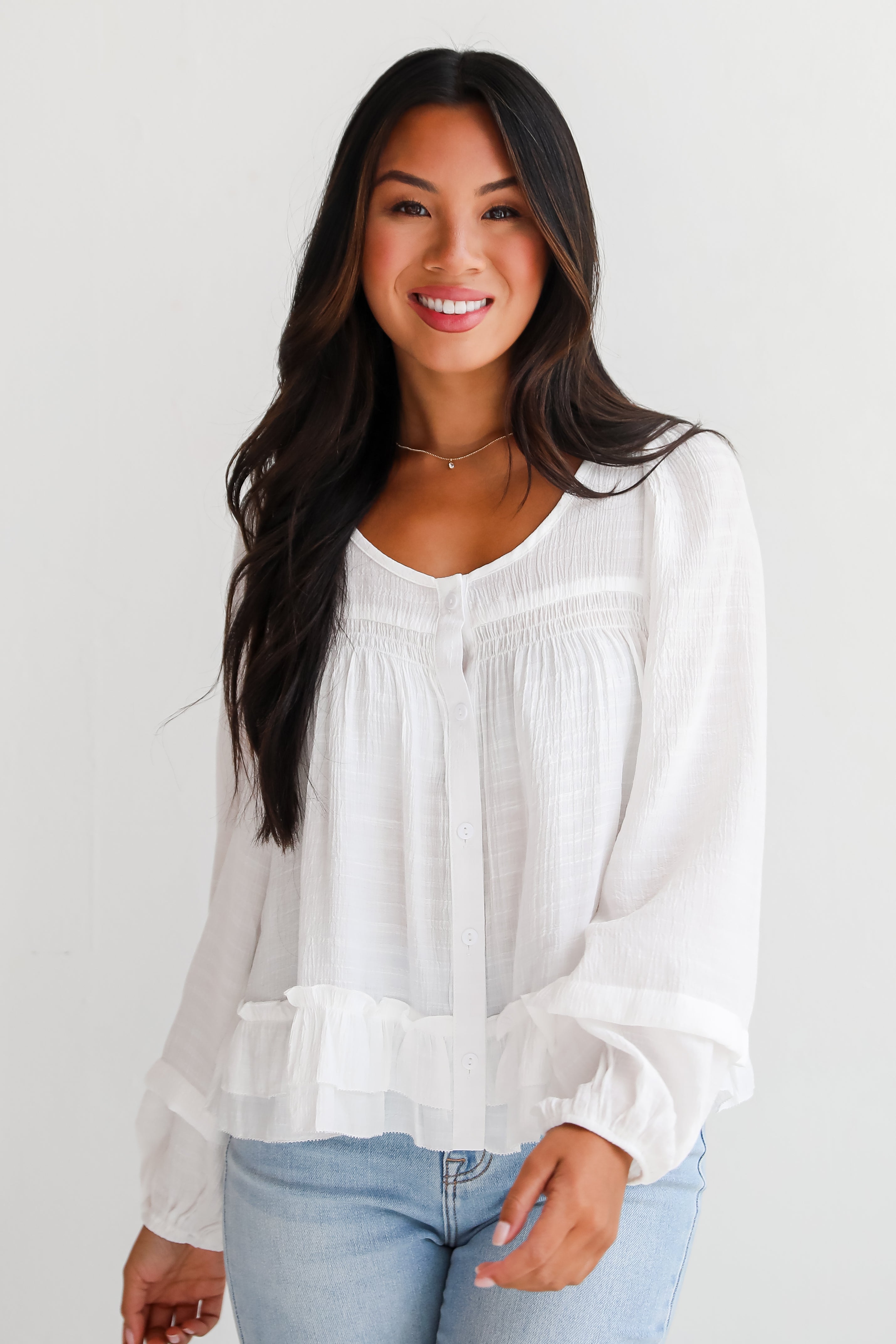 Elegant White Ruffle Blouse for Women - Stylish & Comfortable Top for Office, Date Night & Special Occasions