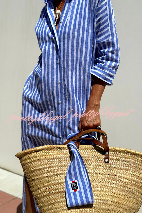 Summer Splendor Printed Button Half Sleeve Belt Loose Shirt Midi Dress - Flowy Boho Chic Outfit for Beach Vacation, Date Night & Casual Wear