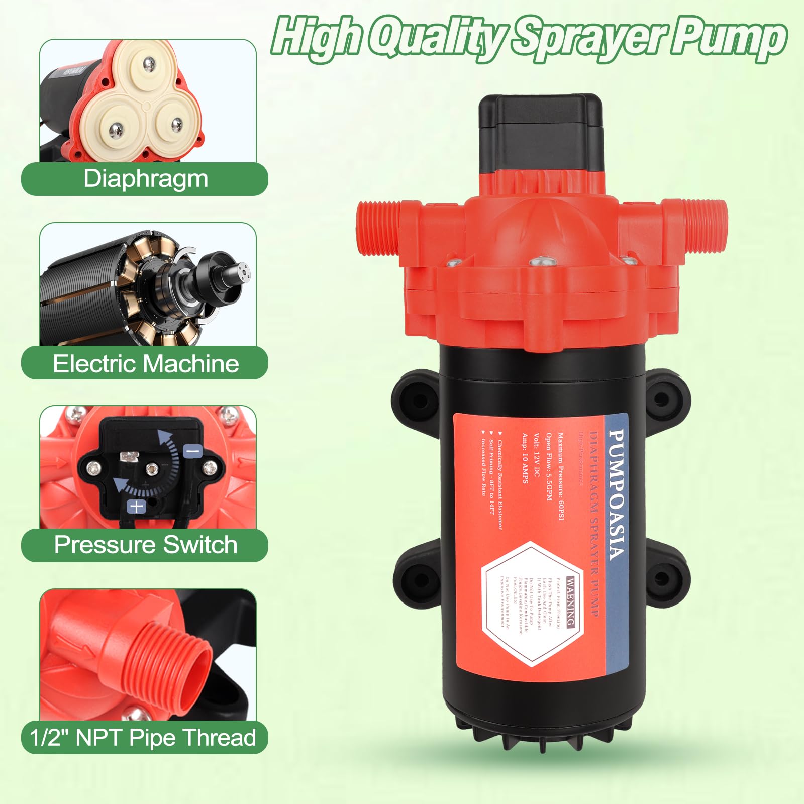 12V Diaphragm Pump 5.5GPM 10Amp 60PSI - Chemical & Corrosion Resistant Self-Priming Water Pump with Pressure Switch - Ideal for Agricultural Spraying, RV Water Systems, Boat Bilge Pumps, and Industrial Fluid Transfer