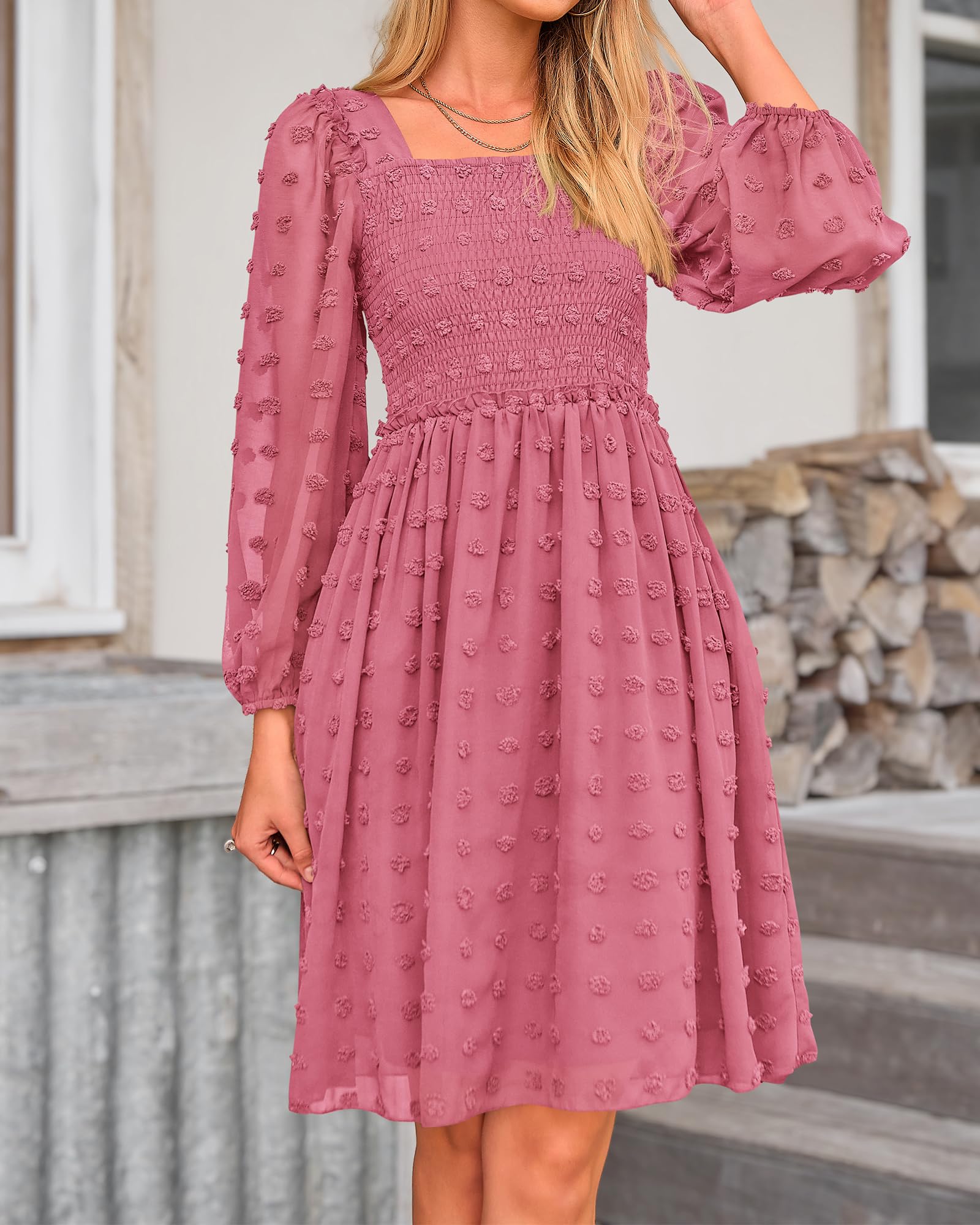 BTFBM Women's Floral Swiss Dot Boho Dress - Square Neck Smocked Long Sleeve Mini Dress for Spring & Summer 2025 | Perfect for Wedding Guest, Garden Party & Casual Outings
