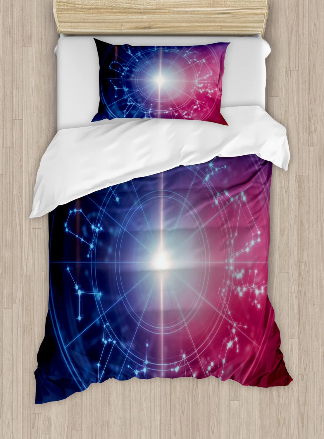 Ambesonne Astrology Duvet Cover Set - King Size 2-Pack with 2 Duvet Covers & 4 Pillowcases, Horoscope Geometric Dot Constellation Design in Blue, White & Red | Perfect for Zodiac Lovers, Bedroom Decor & Gift Ideas