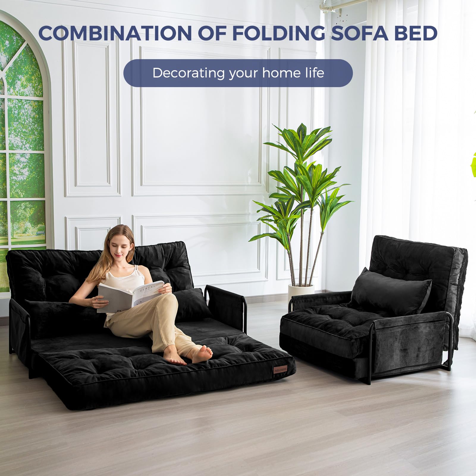 MAXYOYO Adjustable Floor Sofa Couch - Velvet Convertible Lazy Sofa Sleeper Bed with Pillows & Armrests, Double Size in Black | Perfect for Small Spaces, Living Rooms & Guest Beds