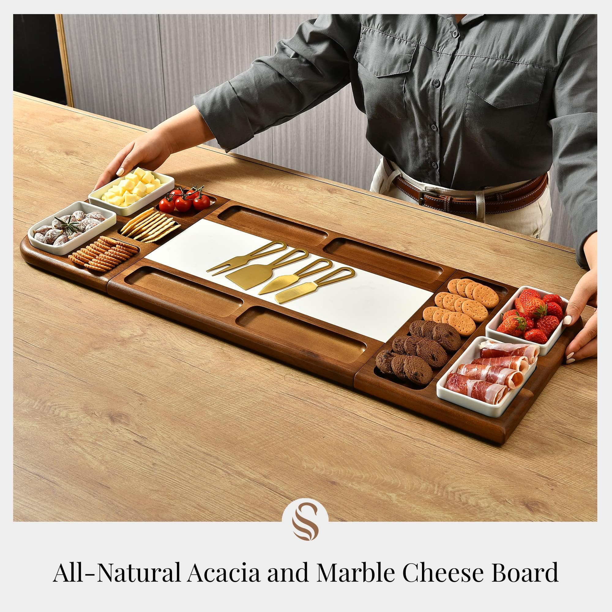 Premium Marble Charcuterie Board with Magnetic Cheese & Meat Tray - Double-Sided Serving & Cutting Board - Elegant Gift for Weddings, Parties & Holidays - Durable & Stylish Kitchen Accessory