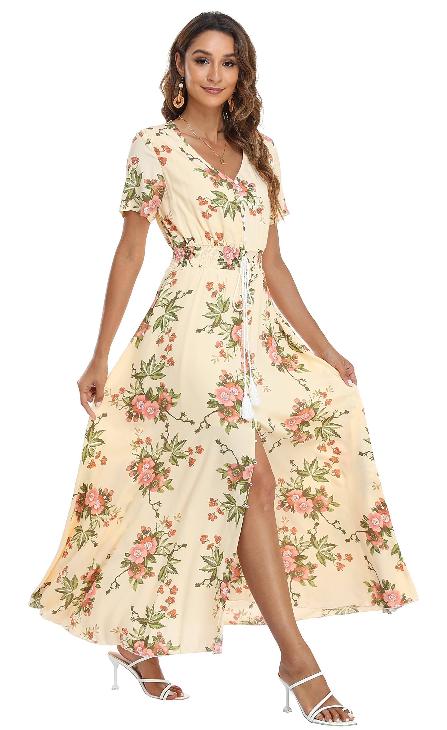 Vintage Floral Print Maxi Dress for Women - Boho Button Up Beach Party Dress with Side Split | Perfect for Summer Vacations, Music Festivals & Boho Chic Outfits