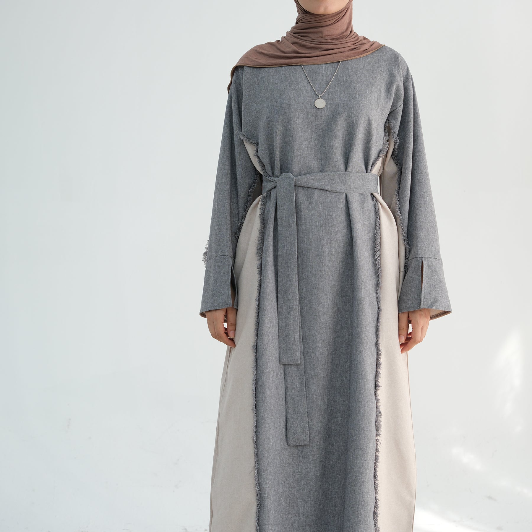 Blair Fringe Abaya Dress - Elegant Gray Islamic Modest Dress for Women | Perfect for Prayer, Eid, and Special Occasions