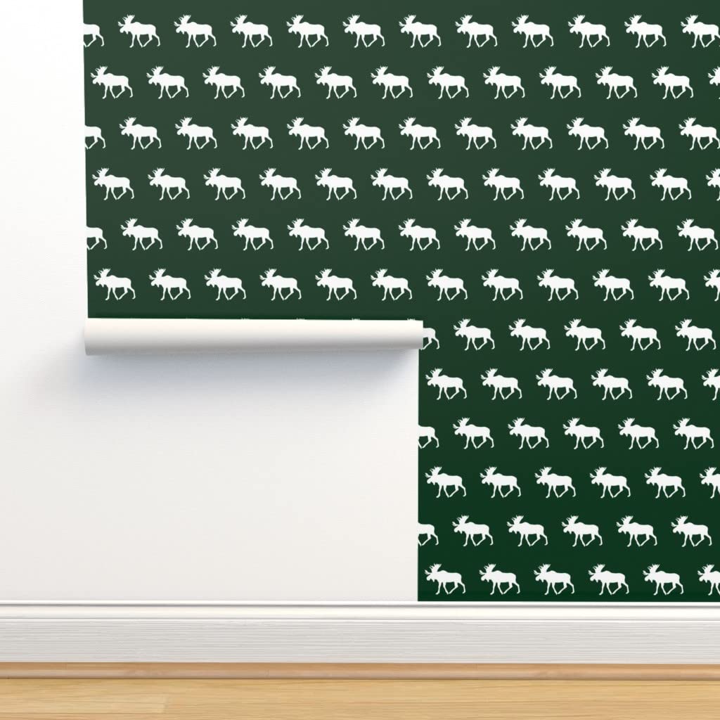 Peel & Stick Removable Wallpaper 9ft x 2ft - Moose Forest Green Holiday Dark Elk Christmas Woodland Design | Custom Self-Adhesive Wallpaper for Bedroom, Nursery, Living Room Decor by Spoonflower
