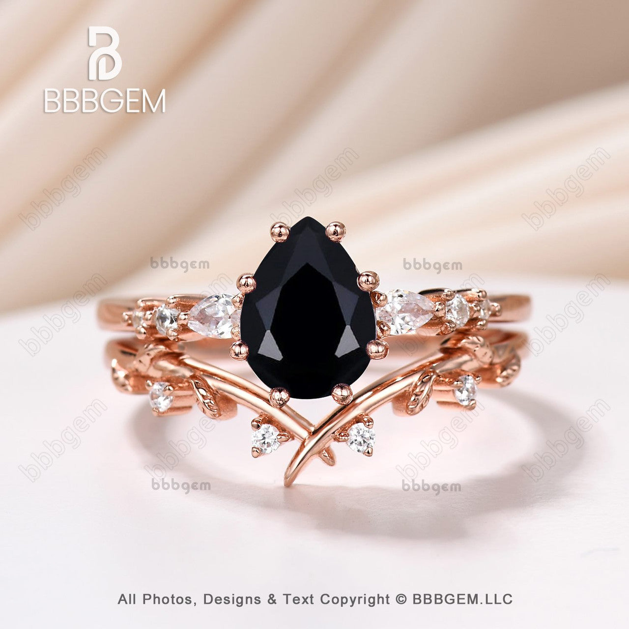 Vintage Art Deco Black Onyx Pear-Shaped Promise Ring Set for Women - Nature Inspired Leaf Design Branch Band - Perfect for Engagement, Anniversary Gifts & Boho Jewelry Lovers
