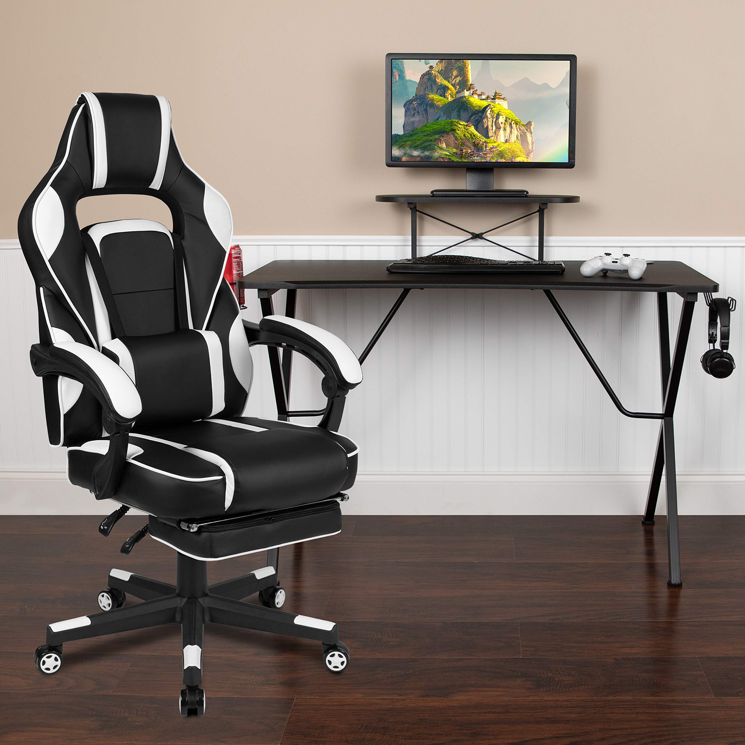 Emma & Oliver Gaming Bundle - Ergonomic Cup Holder, Headphone Stand & White Reclining Footrest Chair for Ultimate Gaming Setup | Perfect for PC Gamers, Streamers & Home Office Comfort
