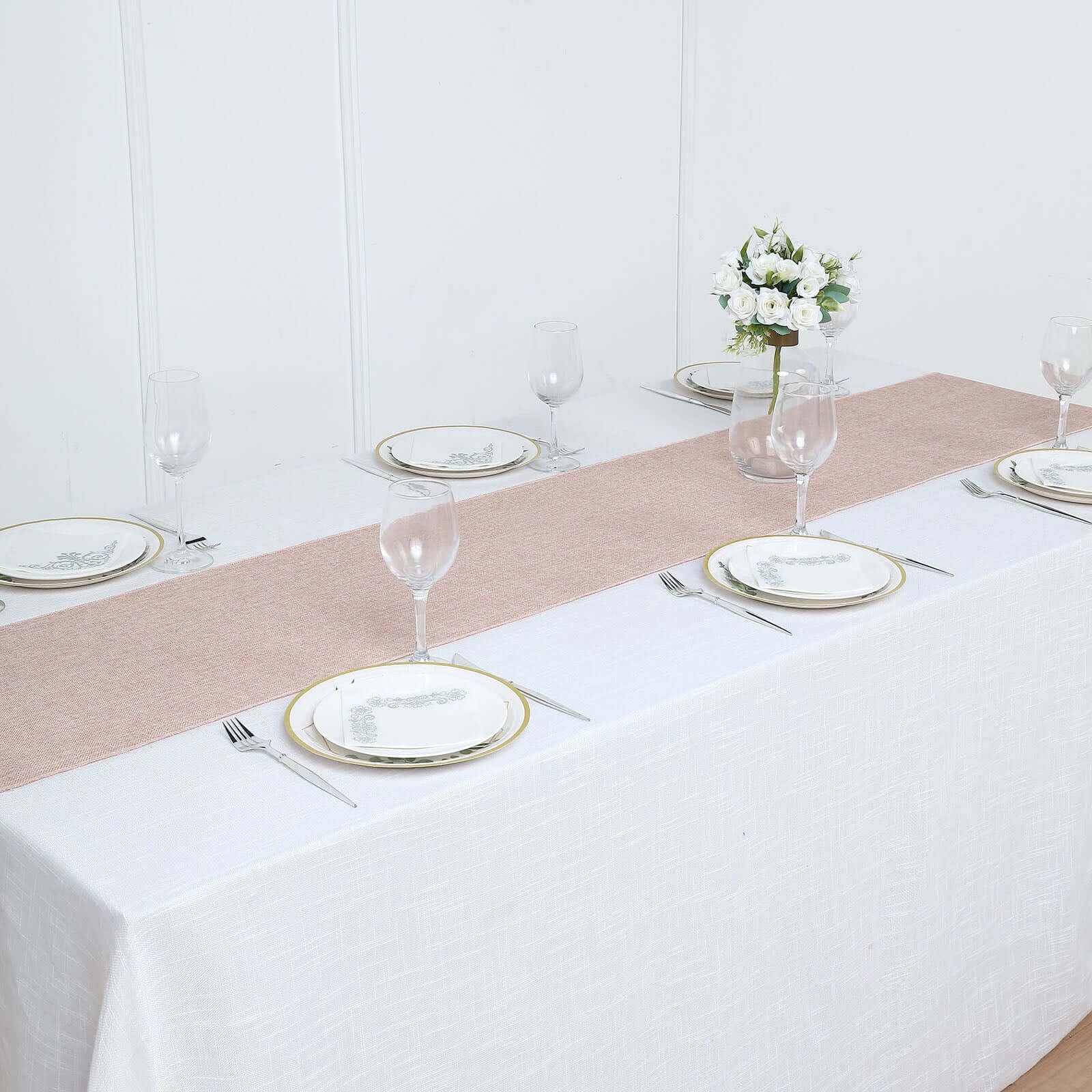 Efavormart 14x108 Inch Dusty Rose Table Runner - Boho Chic Rustic Linen Jute Burlap Decor for Wedding, Farmhouse, and Dining Table Decoration