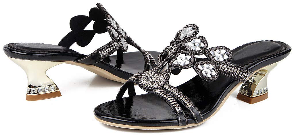YooPrettyz Women's Beaded Phoenix Slip-On Heeled Sandals with Flower Cutouts - Low Heel Comfortable Summer Shoes for Weddings, Parties & Beach Vacations