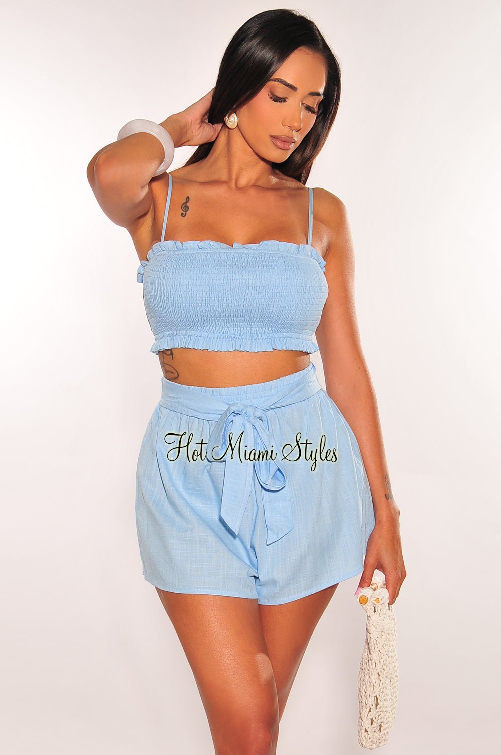 Sky Blue Smocked Linen Spaghetti Strap Shorts Two Piece Set - Women's Summer Outfit for Beach Vacation, Picnic & Casual Wear