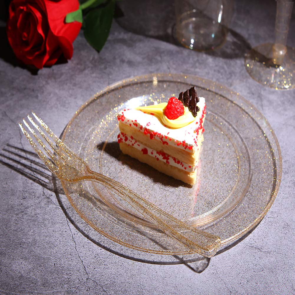 72-Piece Gold Glitter Plastic Dessert Plates & Forks Set - 7.5
