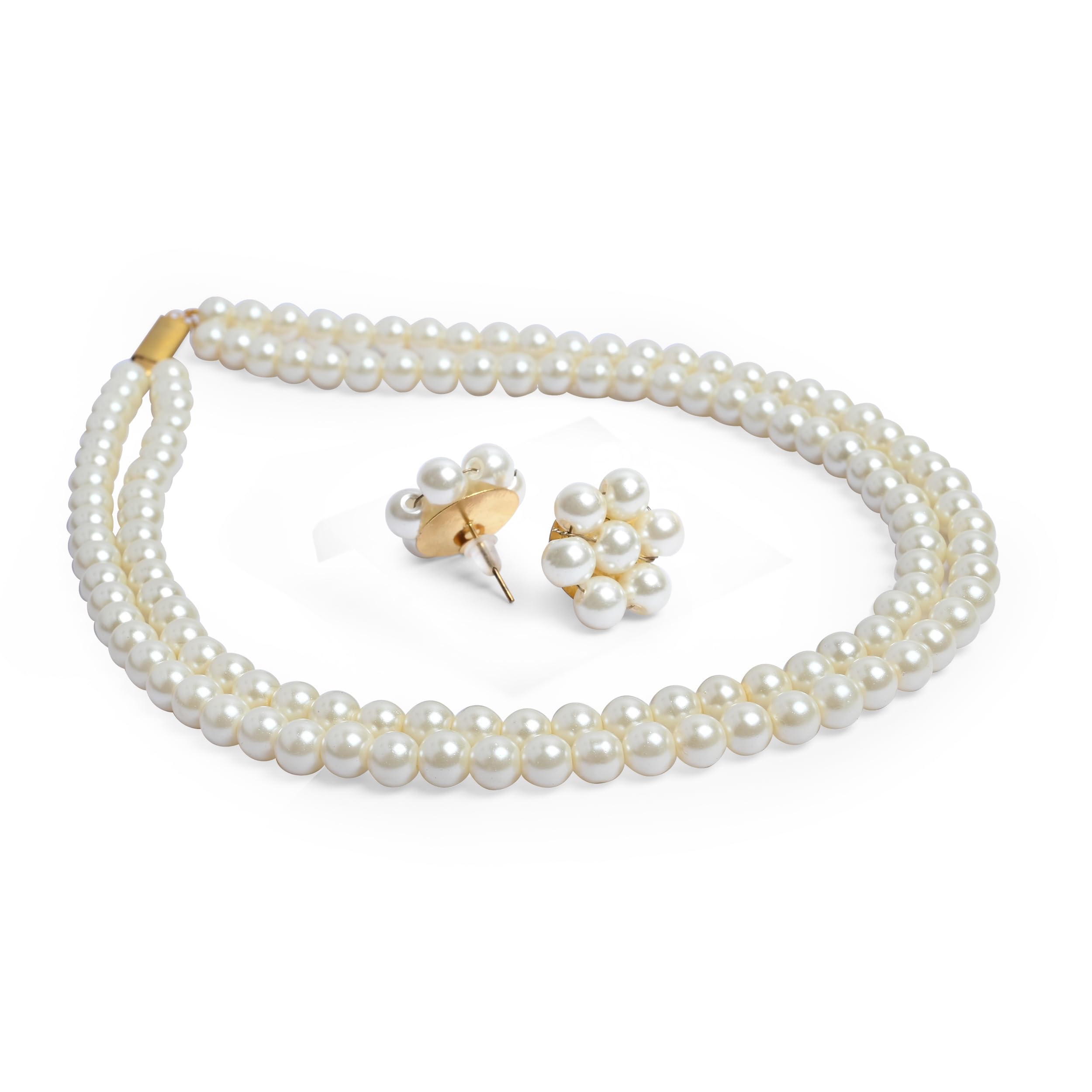 Double Layer White Pearl Necklace & Matching Stud Earrings Set for Women & Girls - Elegant Moti Mala Jewelry for Weddings, Parties & Special Occasions