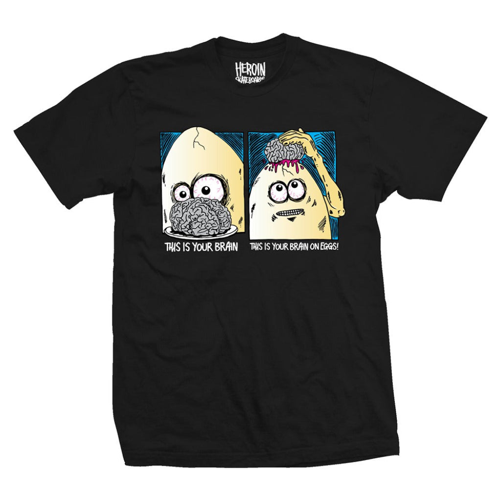 Heroin Brain On Eggs SS Tee - Black Cotton T-Shirt for Men & Women - Casual Streetwear Graphic Tee for Music Festivals & Urban Fashion