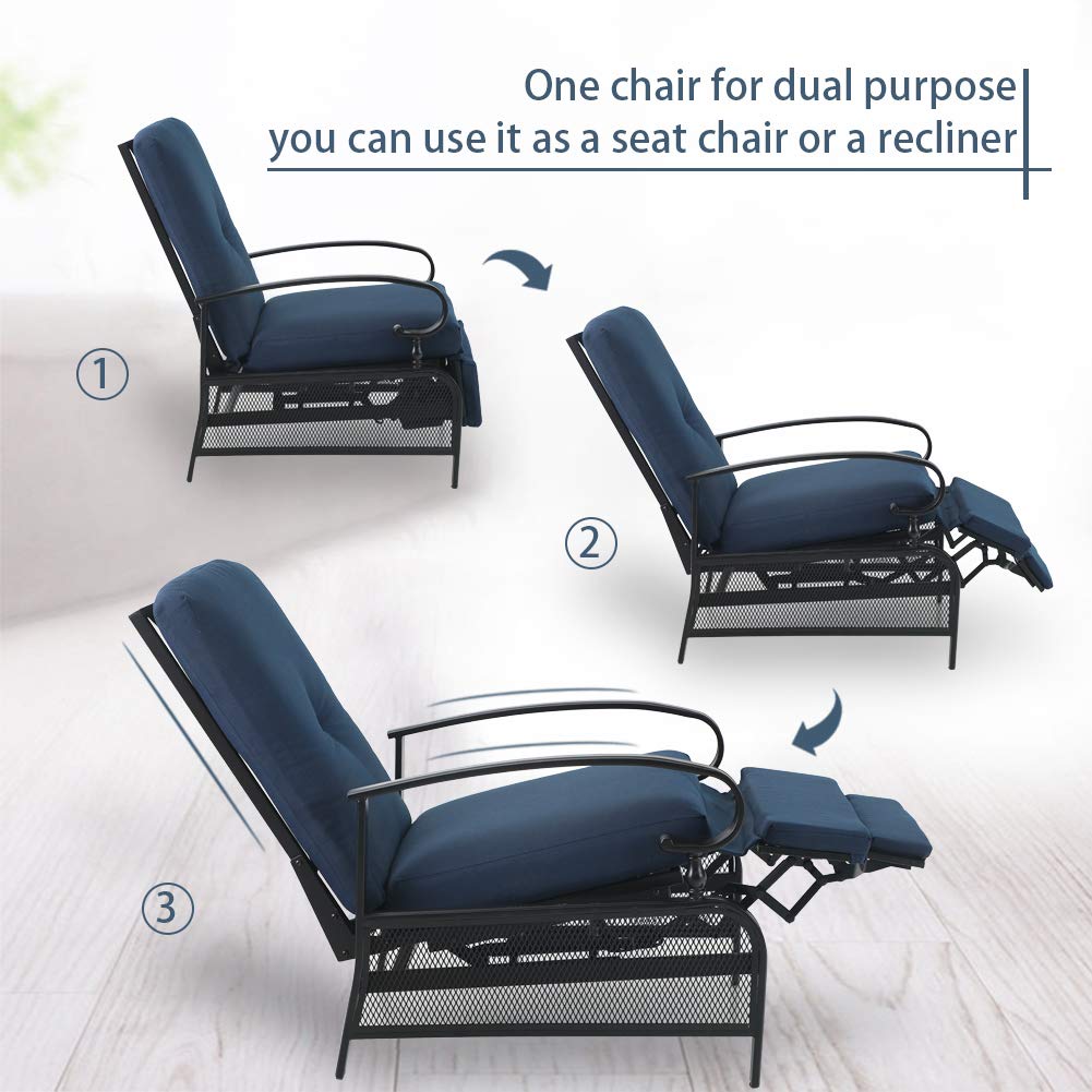 PHI VILLA Outdoor Recliner Chairs Set of 2 - Oversized Patio Lounge Chairs with Removable Blue Cushion, Zero Gravity Metal Chaise for Garden, Poolside, Deck - Perfect for Relaxing, Sunbathing and Outdoor Lounging