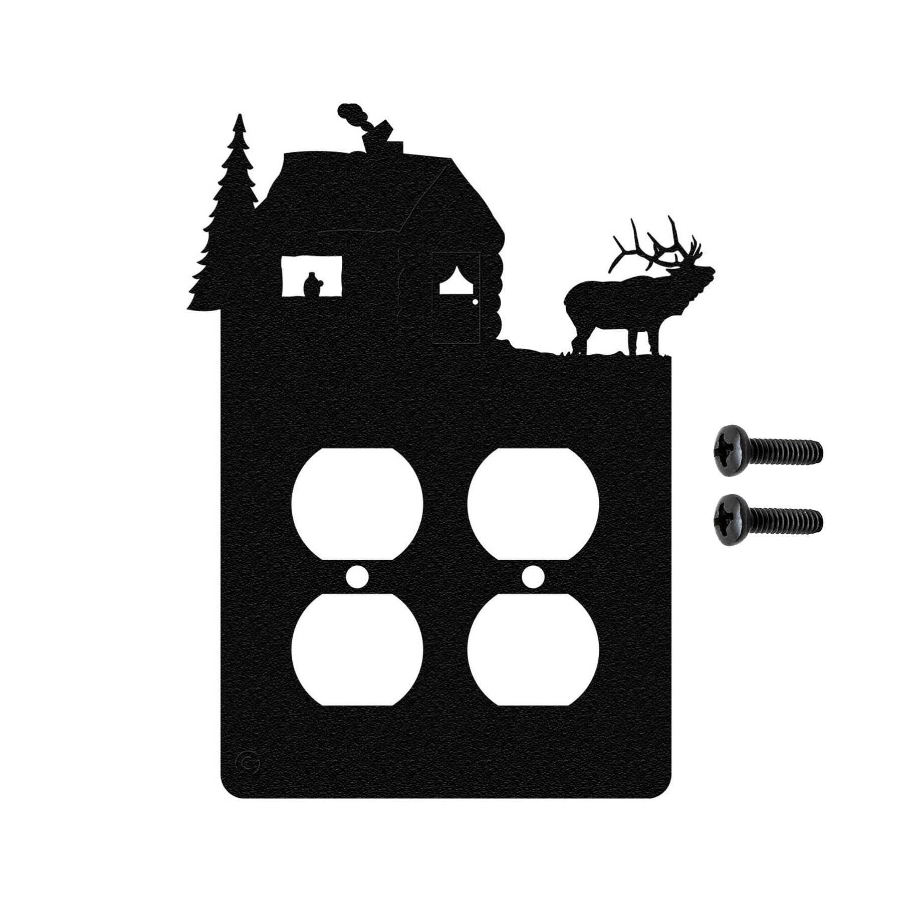 Elk & Cabin Double Duplex Power Outlet Wall Plate - 2 USB Ports & 4 AC Outlets, Black - Made in USA - Perfect for Home Office, Bedroom, and Kitchen Electrical Needs