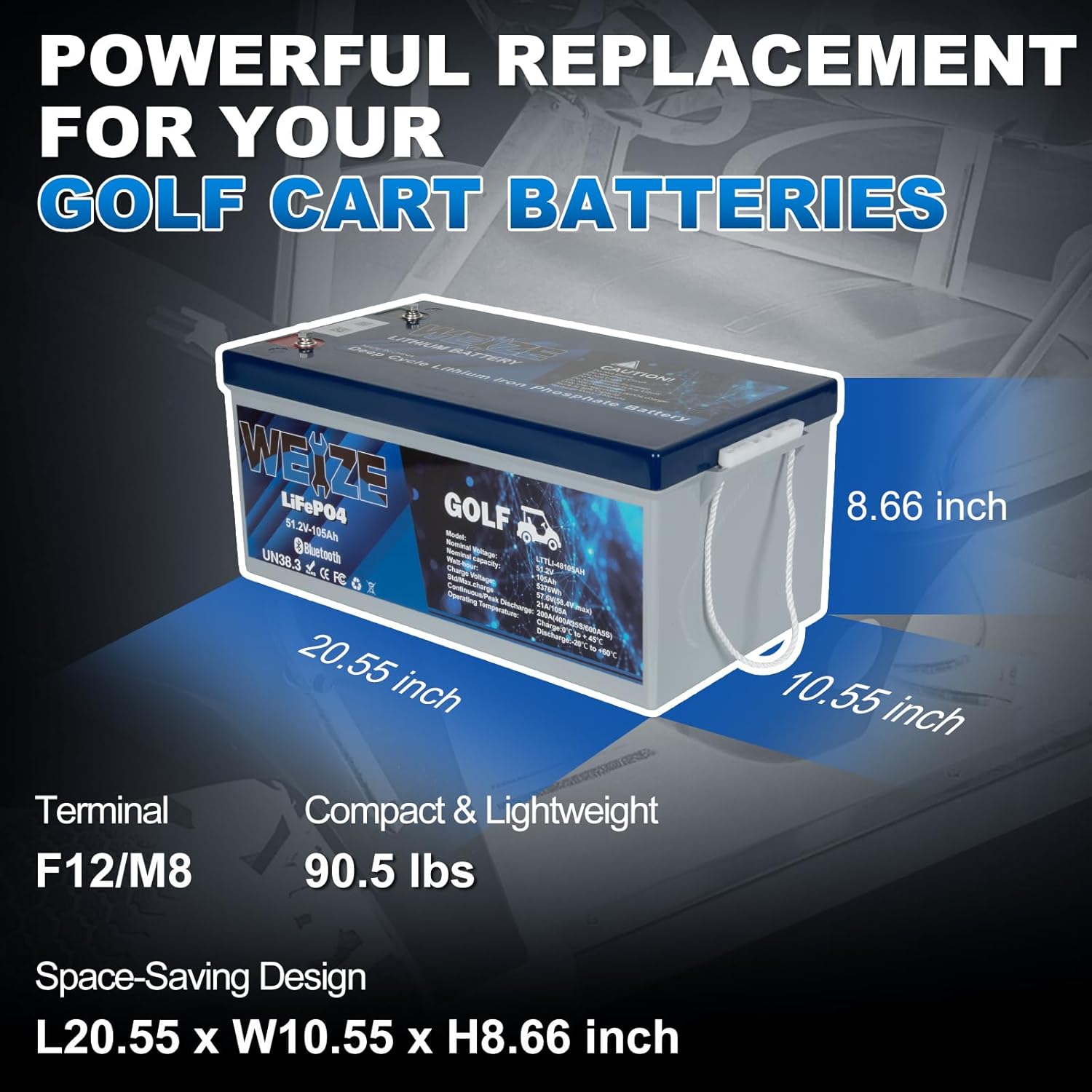 WEIZE 48V 105AH Bluetooth LiFePO4 Lithium Battery with 200A BMS | Low Temp Protection & 400A/35S Peak Discharge | Deep Cycle Battery for Golf Carts, Trolling Motors, Solar Systems, RVs & Off-Grid Power | Ideal for Marine, Camping & Emergency Backup Use