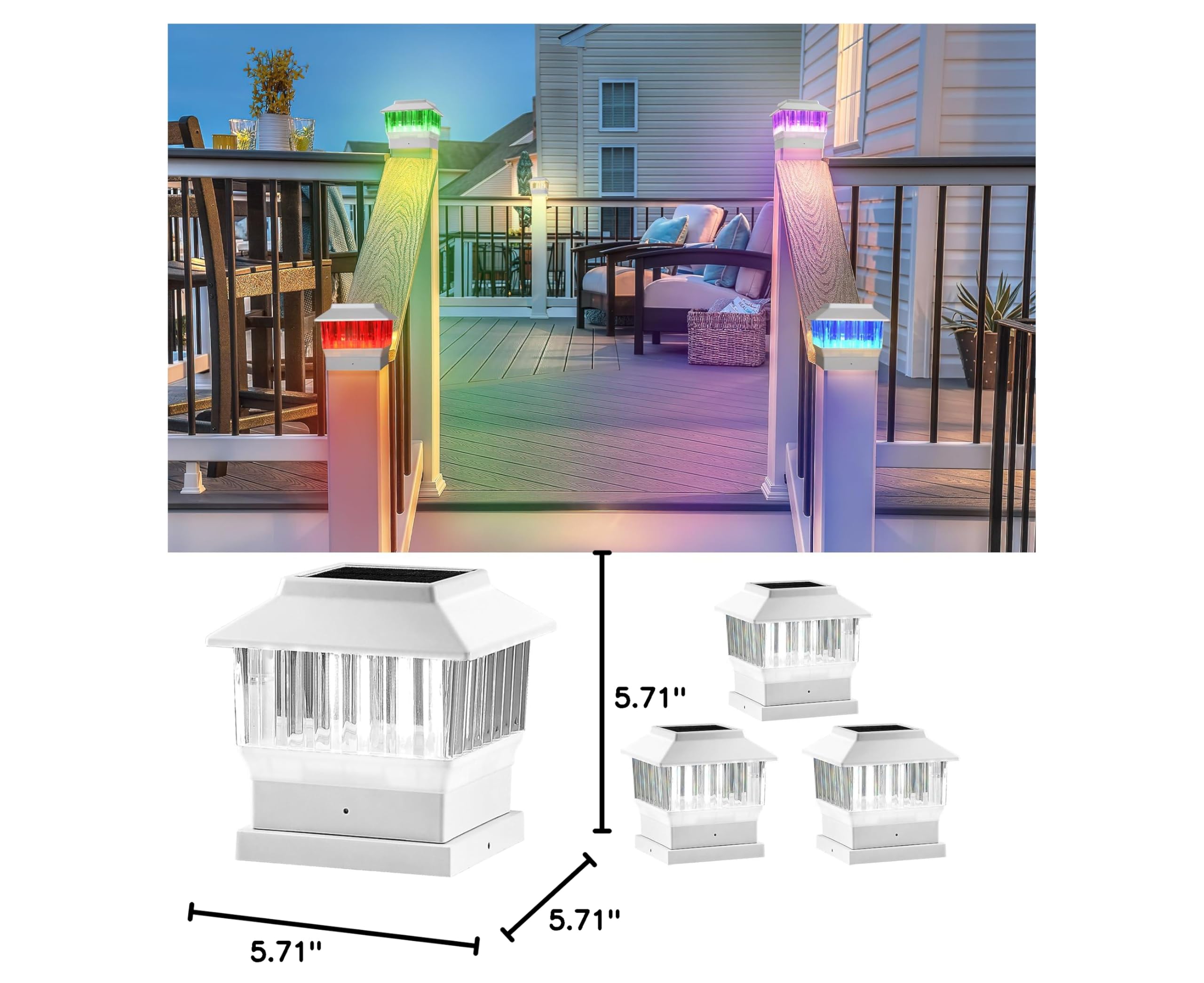 RGB & Warm White Solar Post Cap Lights - 50 Lumen Outdoor LED Fence/Deck/Patio/Garden Lights (4x4, 3.5x3.5, 4.5x4.5, 5.5x5.5) - 4 Pack for Christmas, Halloween & Outdoor Parties - Perfect for Pathway Lighting, Backyard Decor & Holiday Events