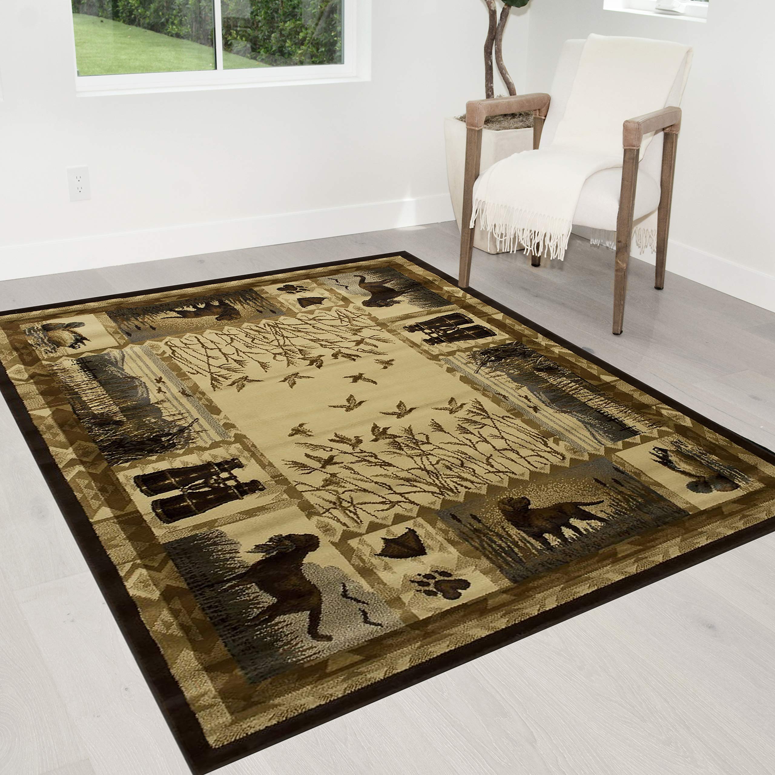HR-Cabin Rug – Modern Geometric Lodge & Hunting Accent Rug – 5’2” x 7’ Abstract Multicolor Area Rug with Hunting Dogs, Ducks & Magnifier Design – Perfect for Cabin Decor, Hunting Lodge & Rustic Home Décor