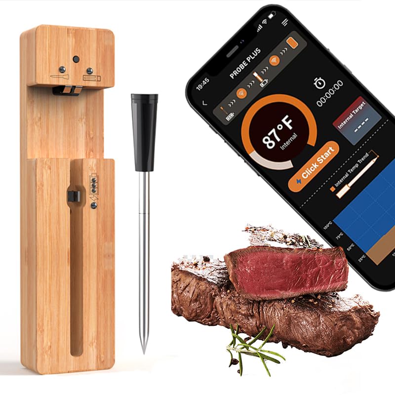 Wireless Meat Thermometer with Bluetooth & WiFi - Waterproof Probe for Grill, Oven, Smoker - Smart Cooking Thermometer for Kitchen & Outdoor BBQ - Perfect for Grilling, Smoking, Baking & Roasting