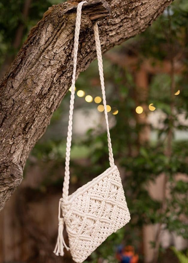 Saaz Cotton Macrame Tote Bag for Women - Handmade Knitted Shoulder Bag, Lightweight Hollow Beach Bag, White - Perfect for Shopping, Travel & Beach Outings