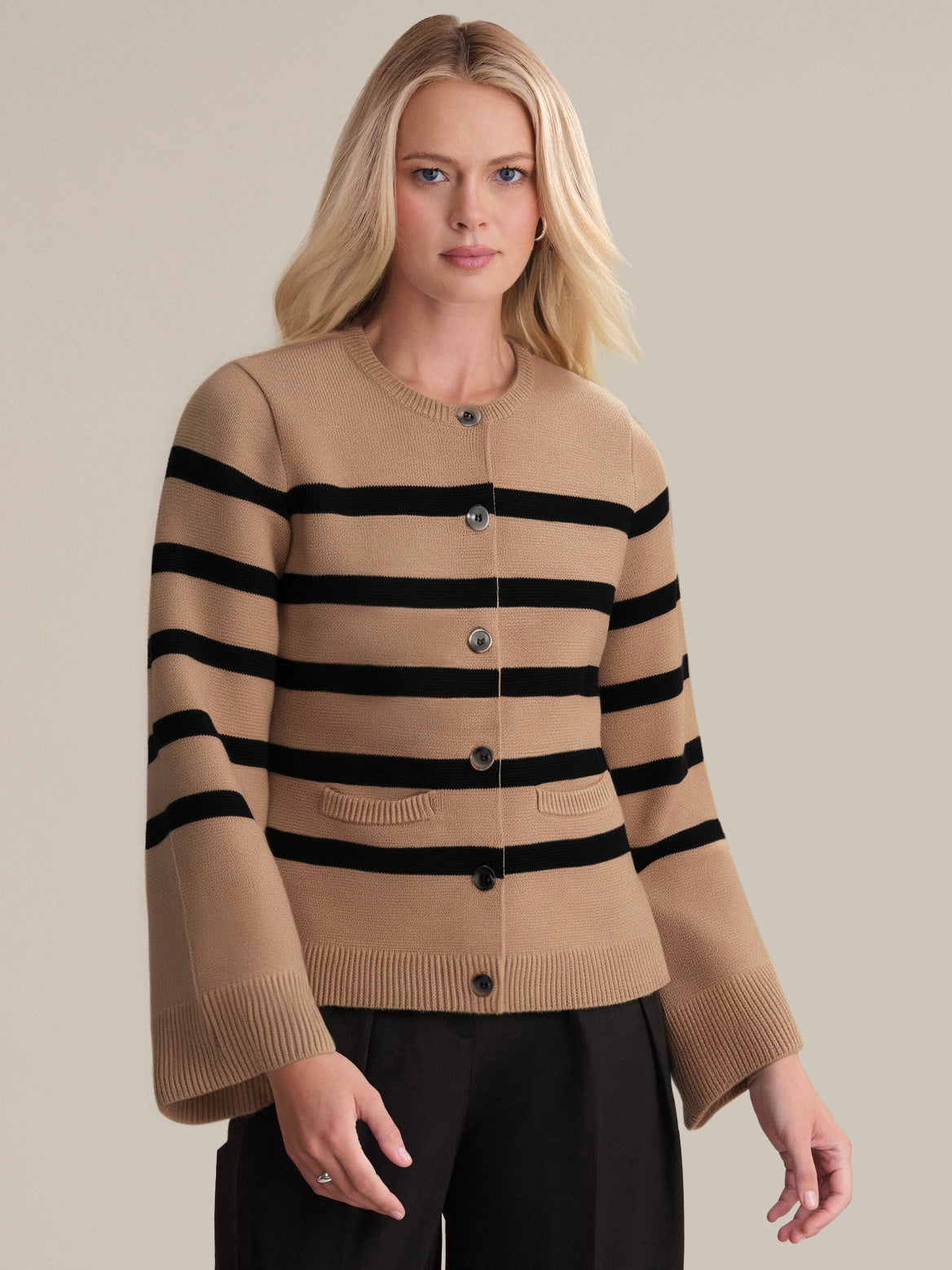 Catherine Women's Striped Crewneck Cotton Cardigan Sweater - Soft & Comfortable Knit Pullover for Casual Wear, Office, and Fall Outfits