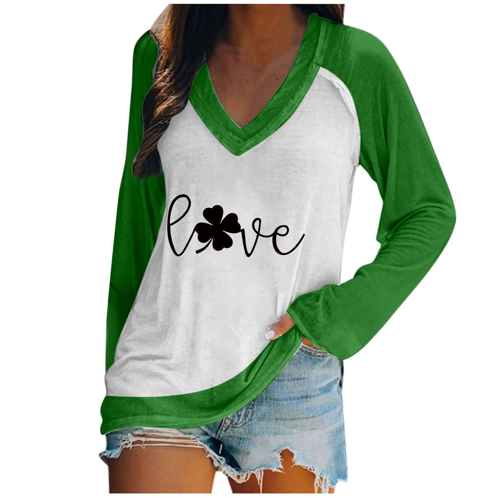 St. Patrick's Day Shirts for Women - Long Sleeve Sexy V-Neck T-Shirt with Shamrock Print | Green Love Graphic Tee | Splicing Tunic Top for Party, Pub Crawl & Irish Celebration
