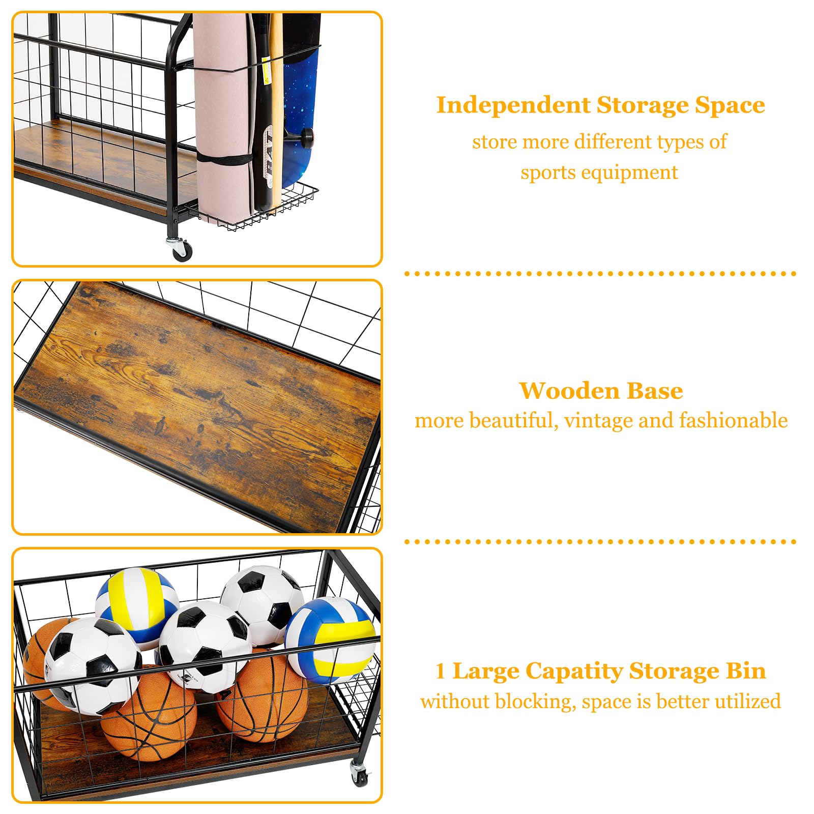 Sports Equipment Organizer - Wood & Metal Rolling Ball Storage Rack with Wheels for Garage, Indoor & Outdoor Use - Perfect for Basketball, Soccer, Tennis Ball Organization - Retro Style Toy Storage Cart (WEY036)
