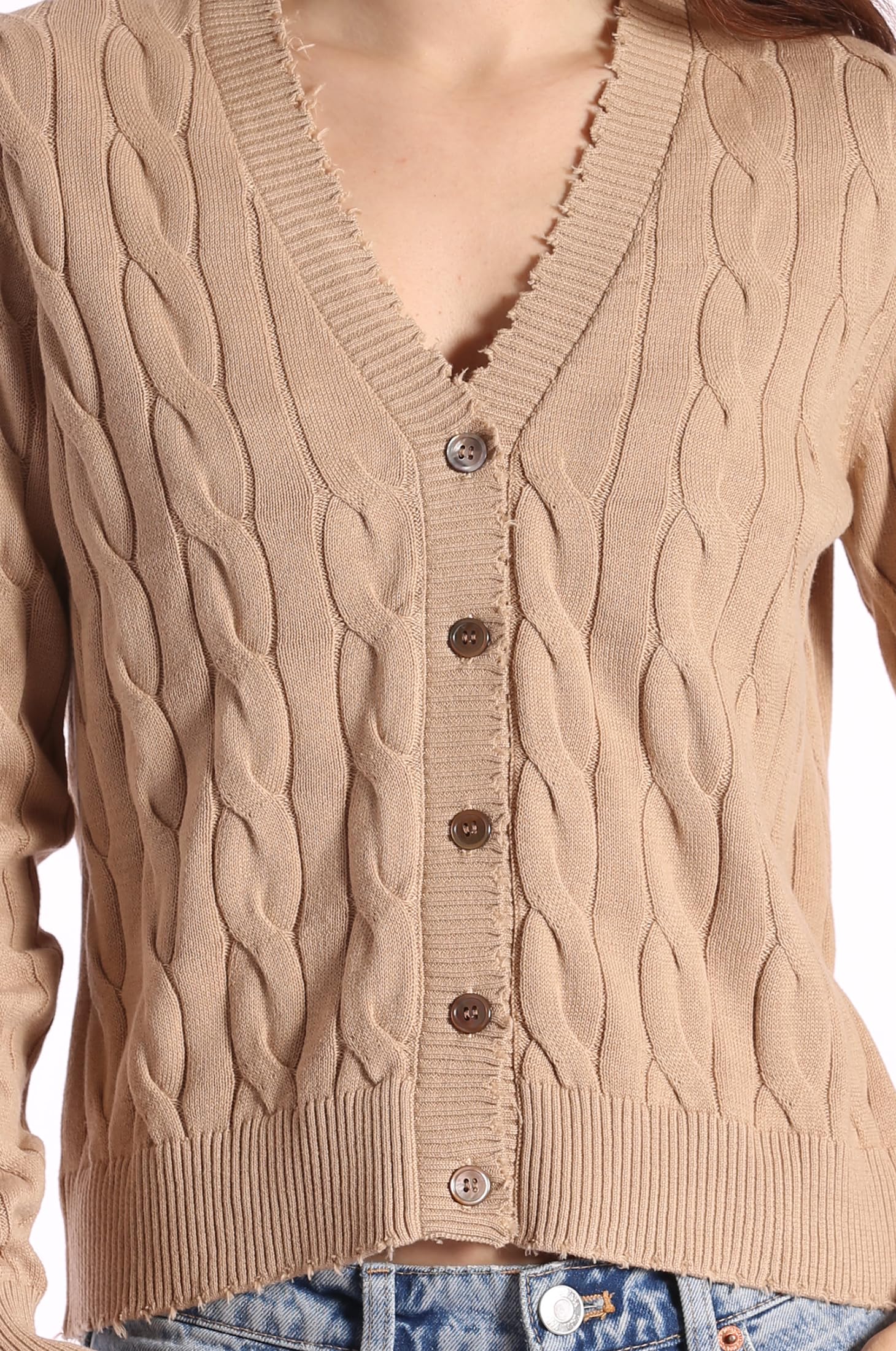 Minnie Rose Women's Long Sleeve V-Neck Cotton Cardigan Sweater with Frayed Hem - Cozy Fall Layering Piece for Work, Date Night & Casual Outfits