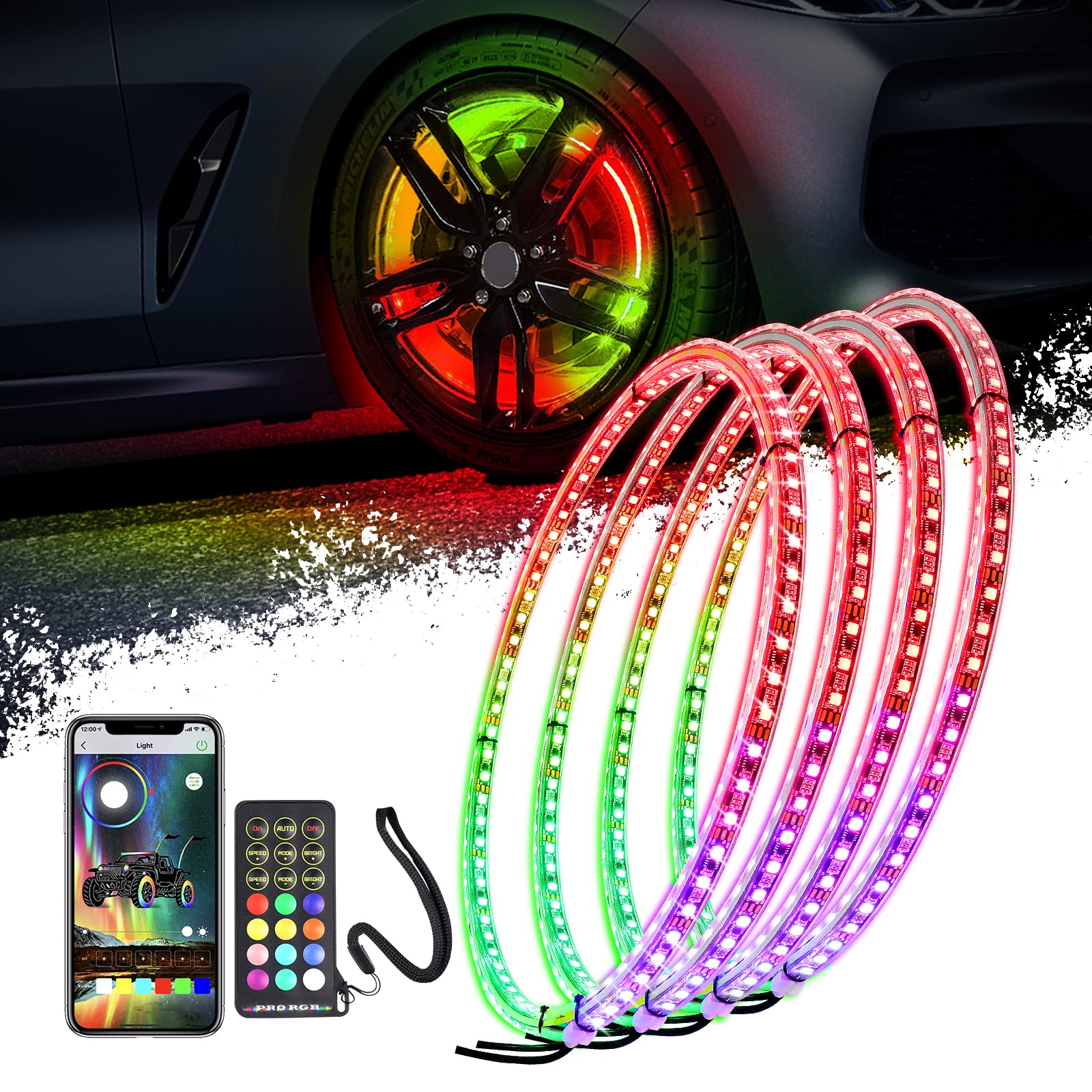 4PCS Ultra-Bright 17-inch Strobe LED Wheel Ring Lights for Cars - Double Row Dancing Chasing Color with Turn Signal & Braking Function - Perfect for Night Driving, Car Shows & Vehicle Customization