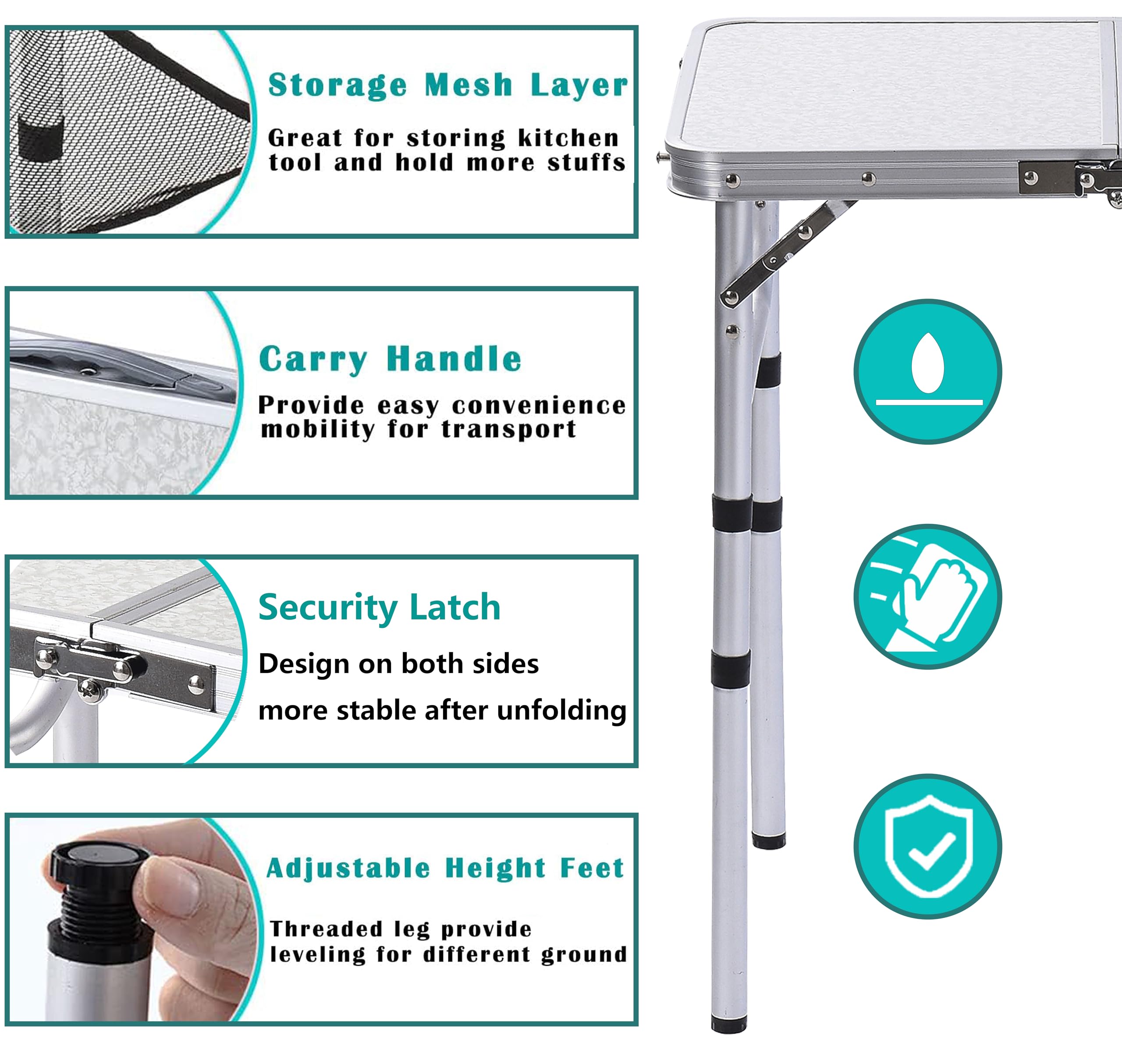 Adjustable Height Camping Table with Mesh Storage Layer, 23.6