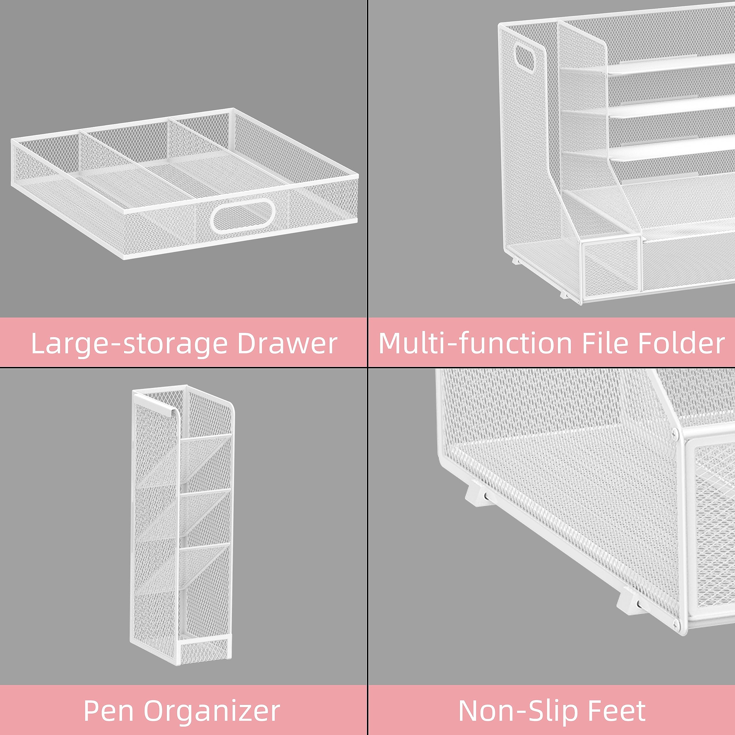SUPEASY 5-Tier Mesh Desk Organizer with File Holder & 3 Tilted Sorters - White Office Paper Letter Tray for Documents, Mail, and Office Supplies | Perfect for Home Office, Workstation & School Desk Organization