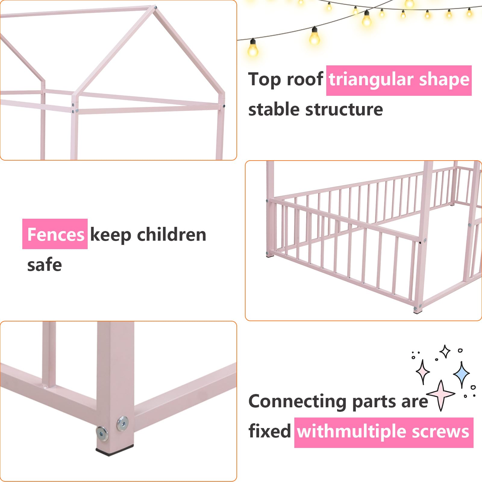 Montessori Twin Floor Bed with Safety Rails for Kids - Metal Frame Playhouse Bed with Roof for Boys, Girls & Toddlers | Sturdy Post Foot Pads for Teens - Perfect for Bedrooms, Playrooms & Montessori Learning Spaces