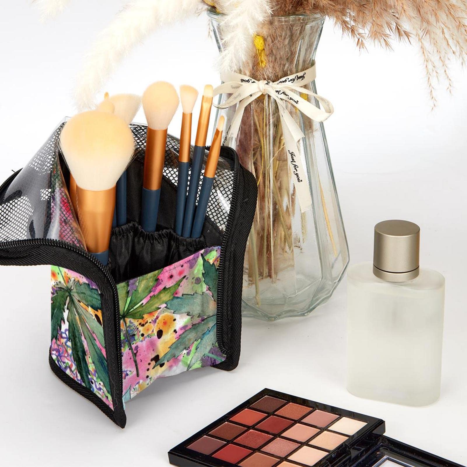 12-Piece Makeup Brush Organizer Bag with Tropical Leaf Watercolor Design - Portable Cosmetic Brush Holder Case for Travel, Home & Professional Use